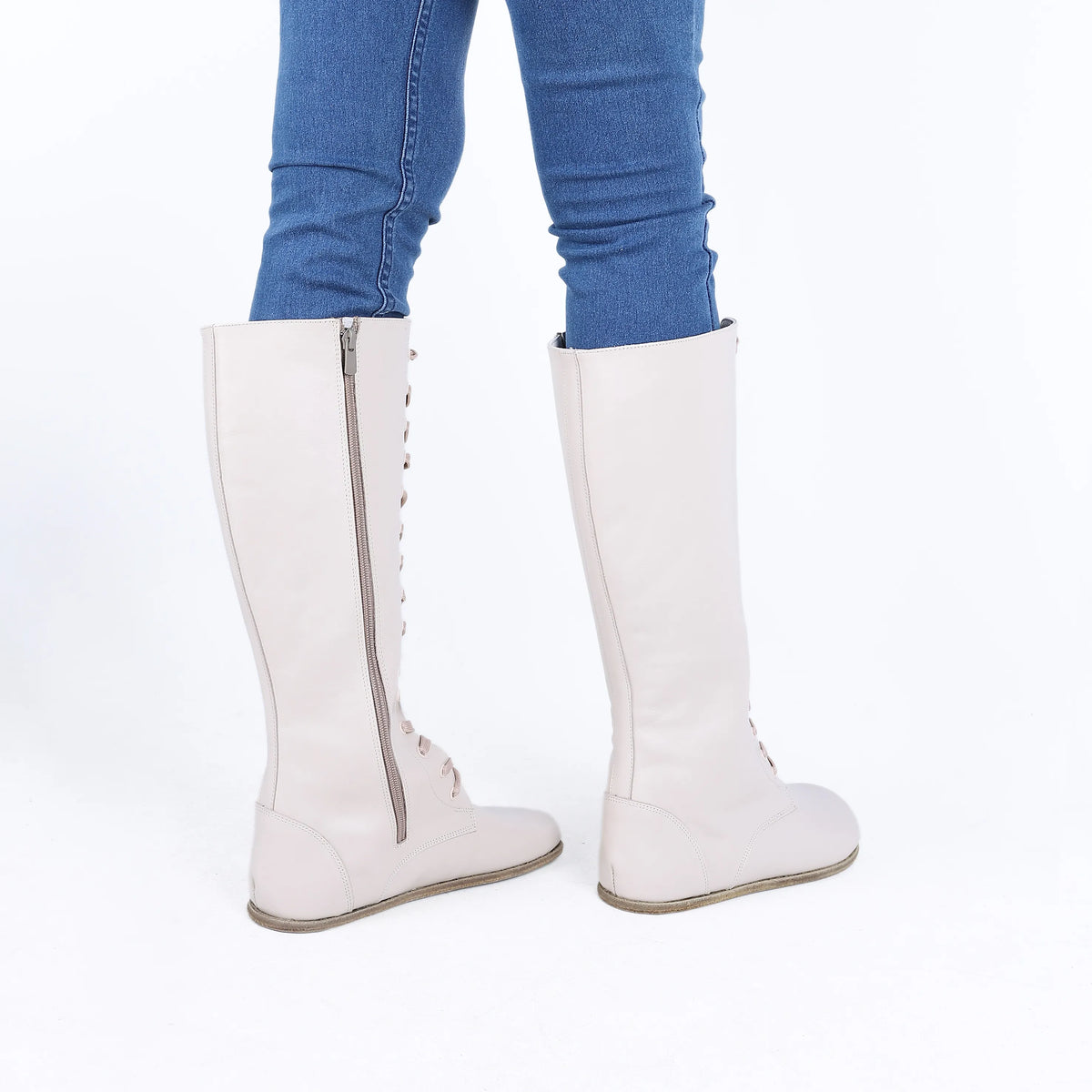Smooth Barefoot Laces Knee Boots Shoes – Classic Sole — Leather Sole – Cream