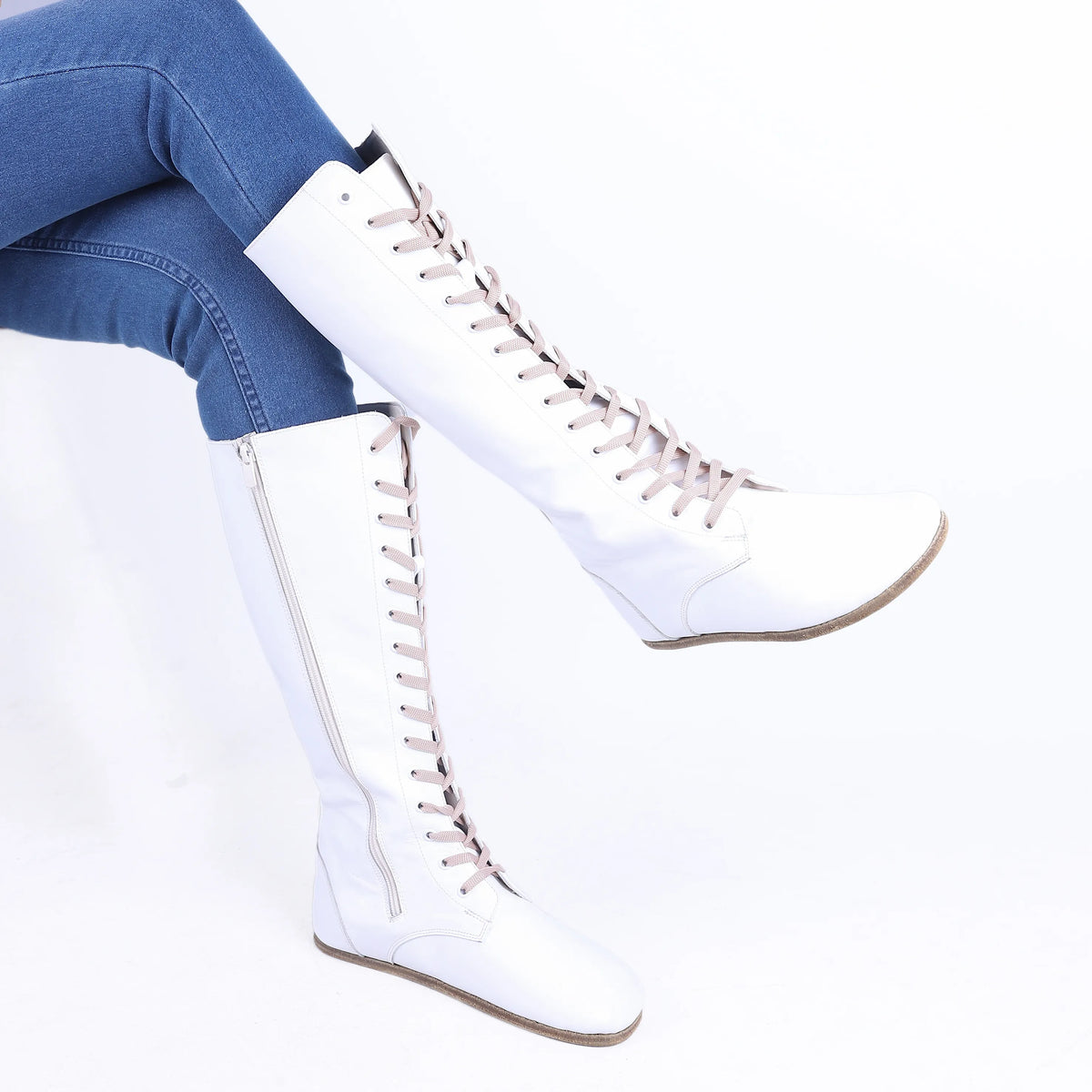 Smooth Barefoot Laces Knee Boots Shoes – Classic Sole — Leather Sole – White