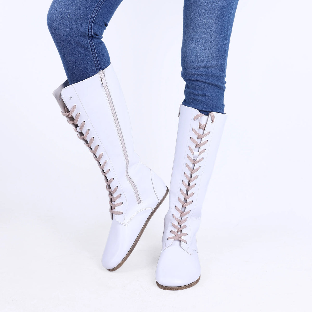 Smooth Barefoot Laces Knee Boots Shoes – Classic Sole — Leather Sole – White