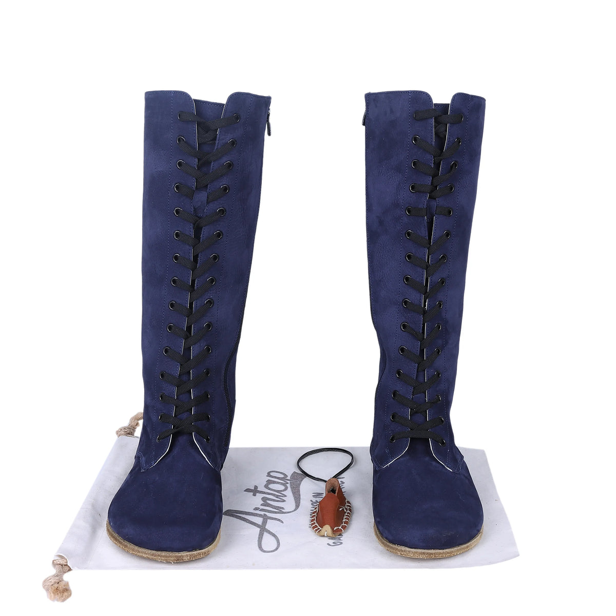 Nubuck Barefoot Laces Knee Boots Shoes – Classic Sole — Leather Sole – Navy Blue