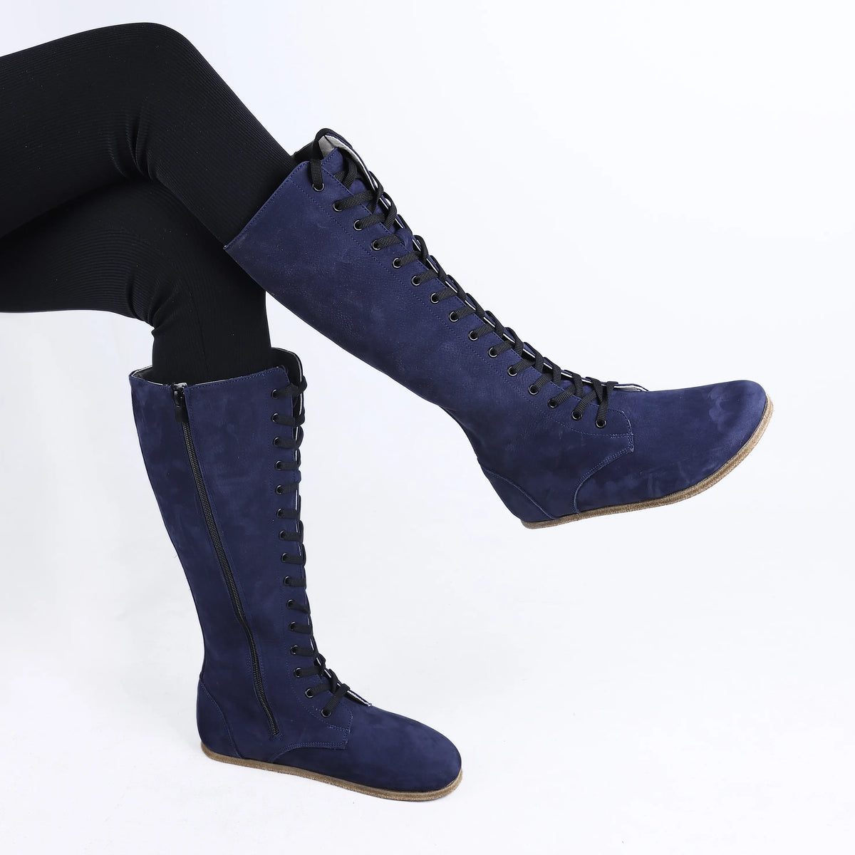 Nubuck Barefoot Laces Knee Boots Shoes – Classic Sole — Leather Sole – Navy Blue