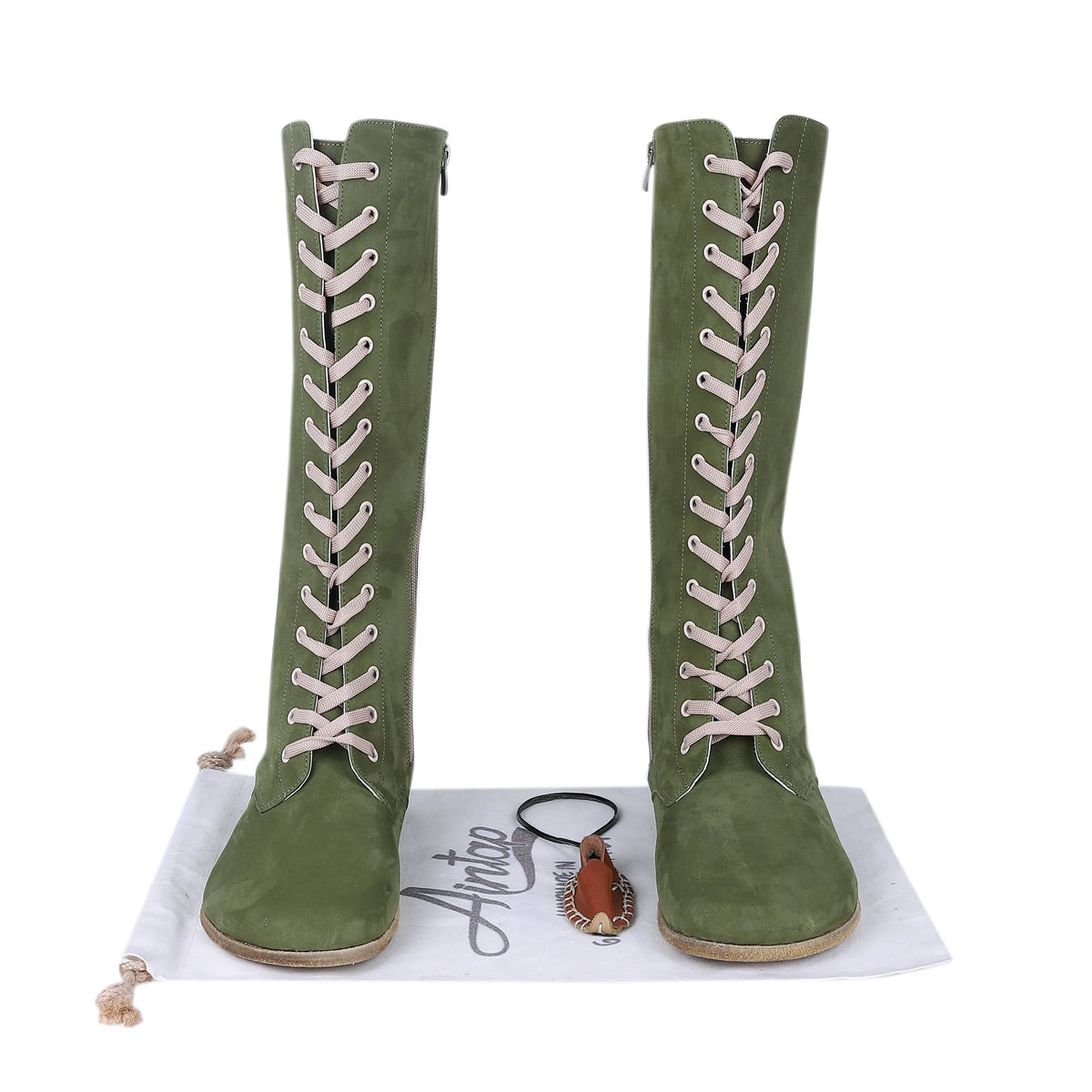 Nubuck Barefoot Laces Knee Boots Shoes – Classic Sole — Leather Sole – Green