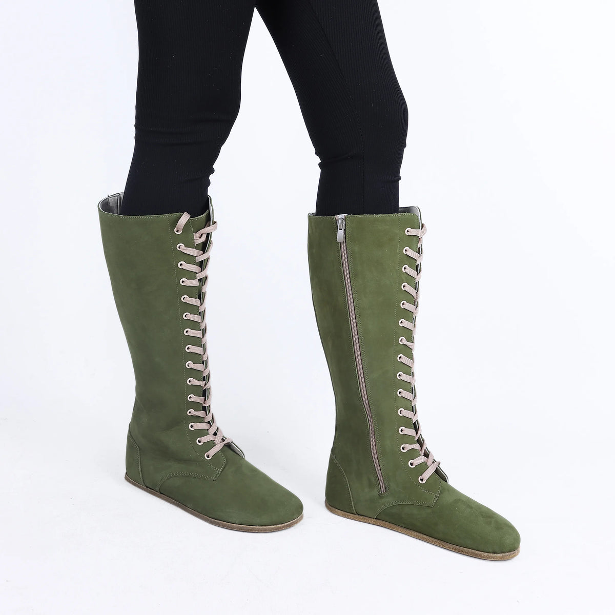 Nubuck Barefoot Laces Knee Boots Shoes – Classic Sole — Leather Sole – Green