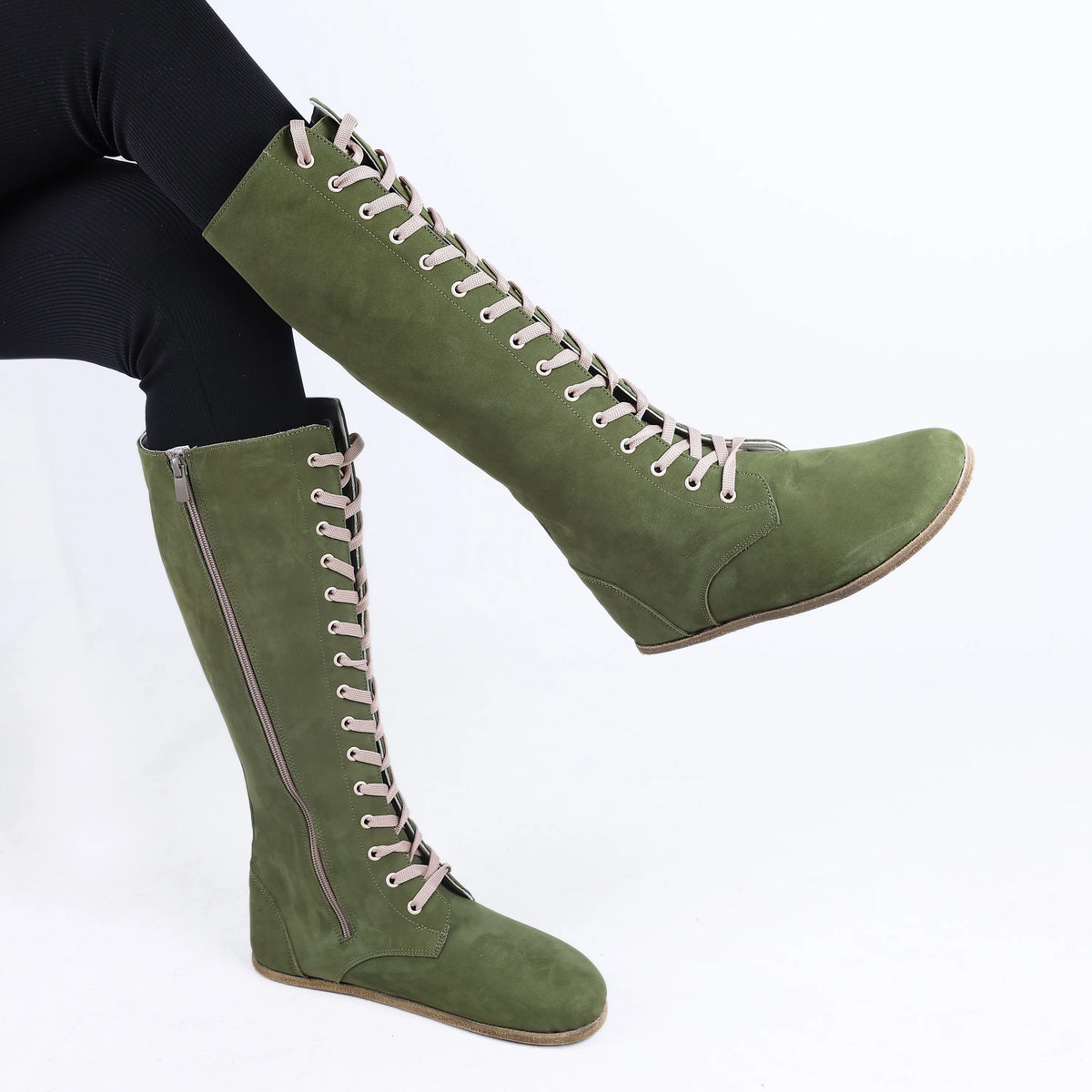 Nubuck Barefoot Laces Knee Boots Shoes – Classic Sole — Leather Sole – Green