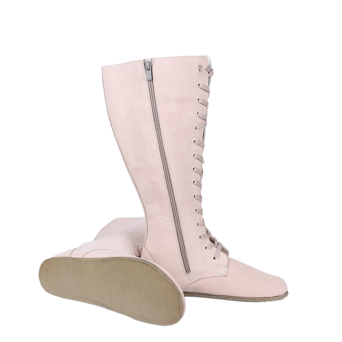 Nubuck Barefoot Laces Knee Boots Shoes – Classic Sole — Leather Sole – Cream