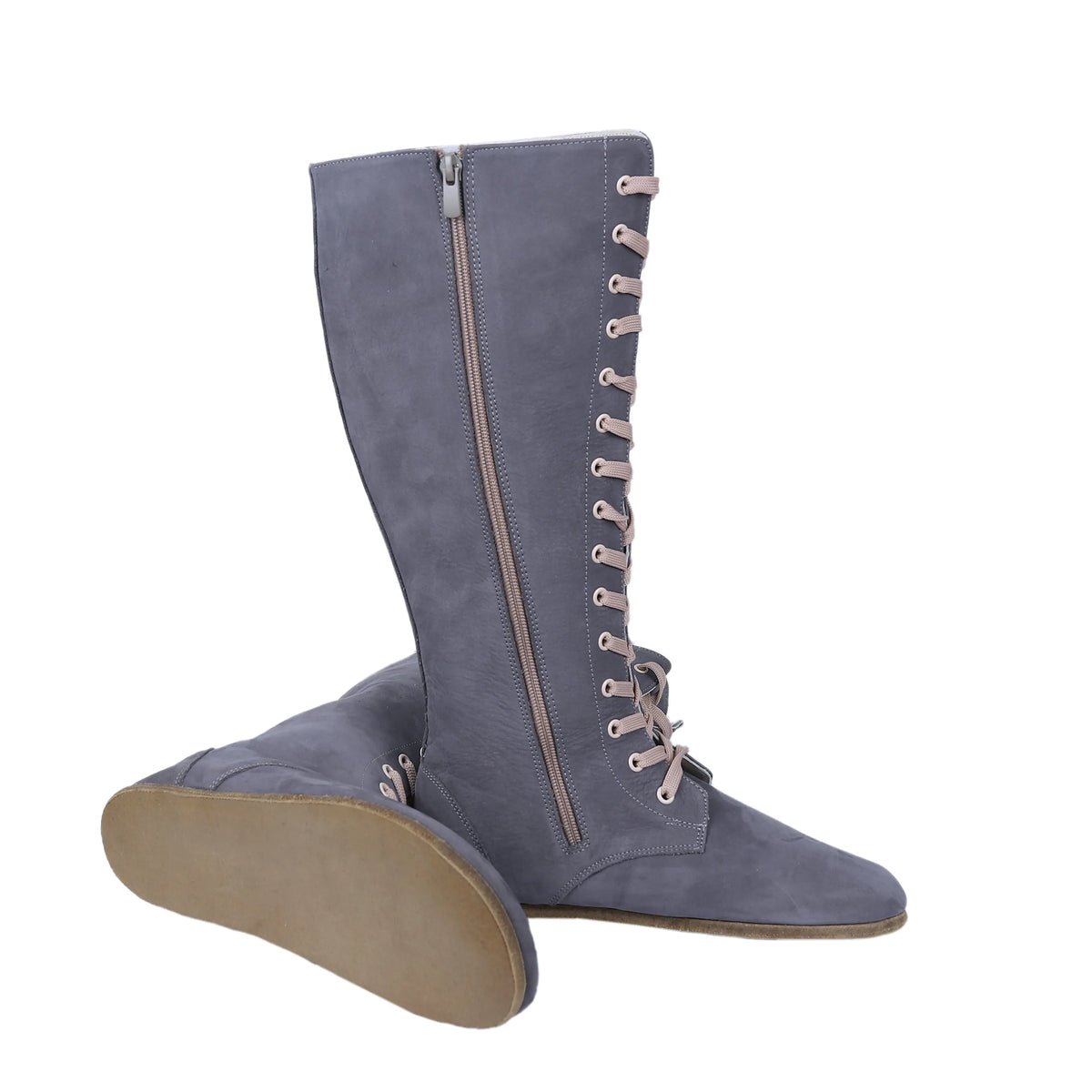 Nubuck Barefoot Laces Knee Boots Shoes – Classic Sole — Leather Sole – Gray
