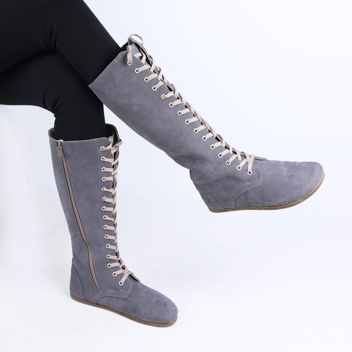 Nubuck Barefoot Laces Knee Boots Shoes – Classic Sole — Leather Sole – Gray