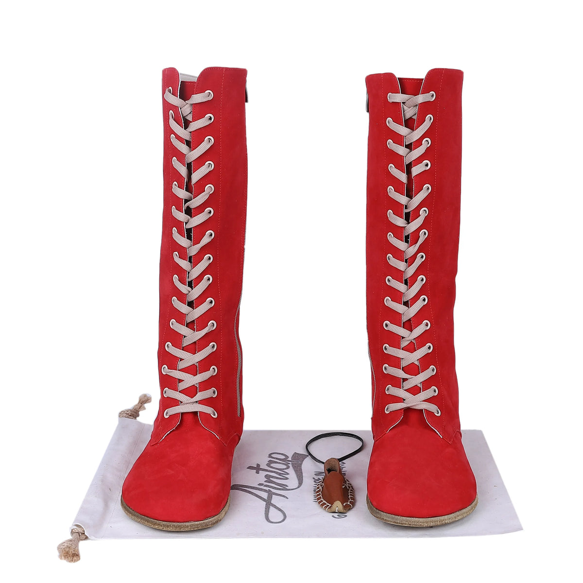 Nubuck Barefoot Laces Knee Boots Shoes – Classic Sole — Leather Sole – Red