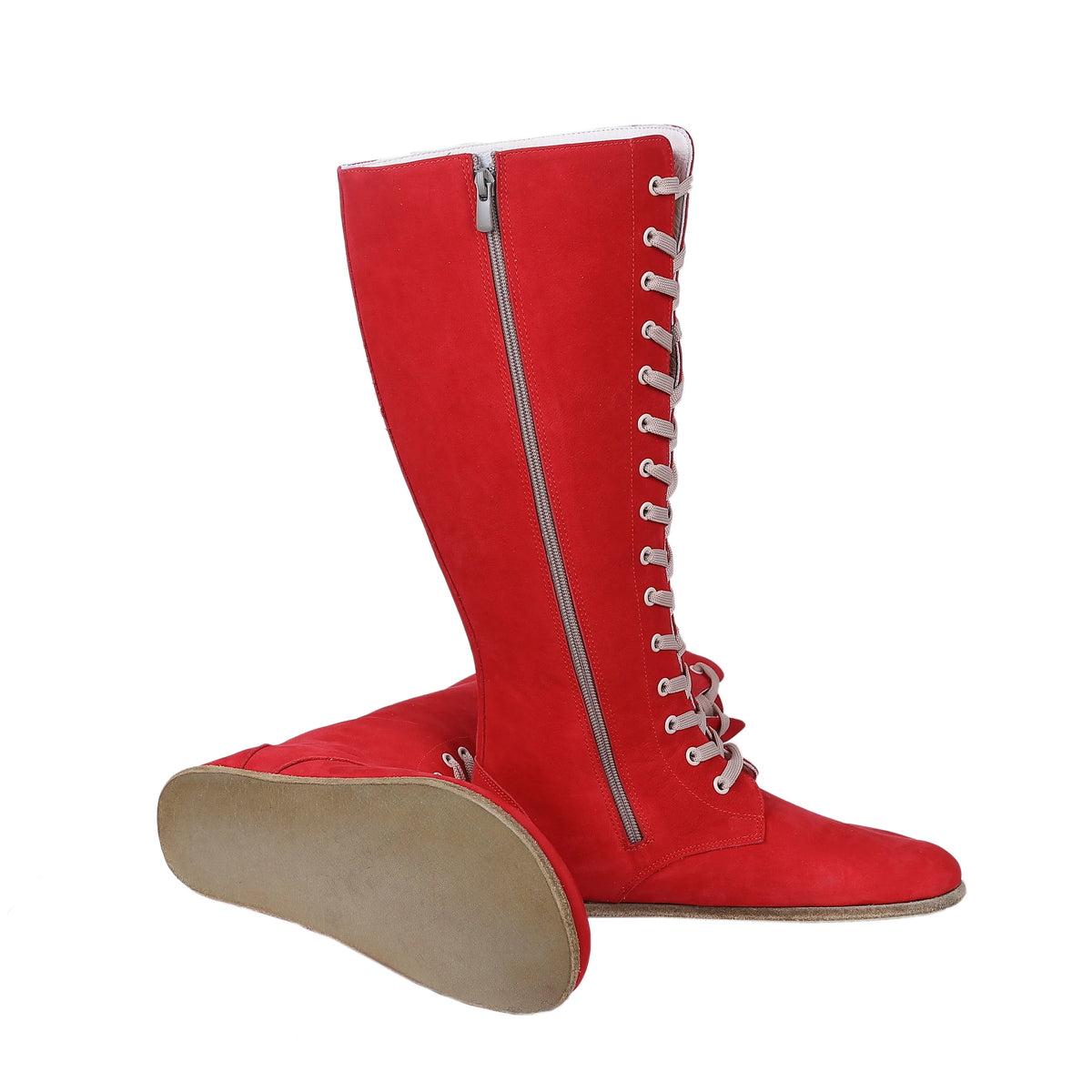 Nubuck Barefoot Laces Knee Boots Shoes – Classic Sole — Leather Sole – Red