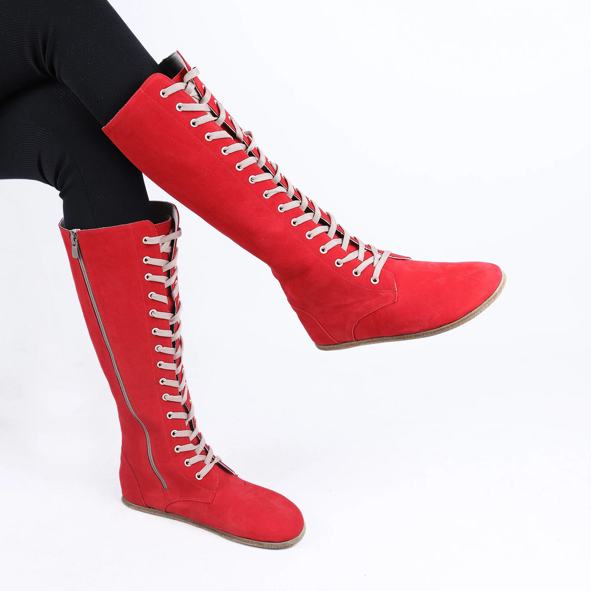 Nubuck Barefoot Laces Knee Boots Shoes – Classic Sole — Leather Sole – Red