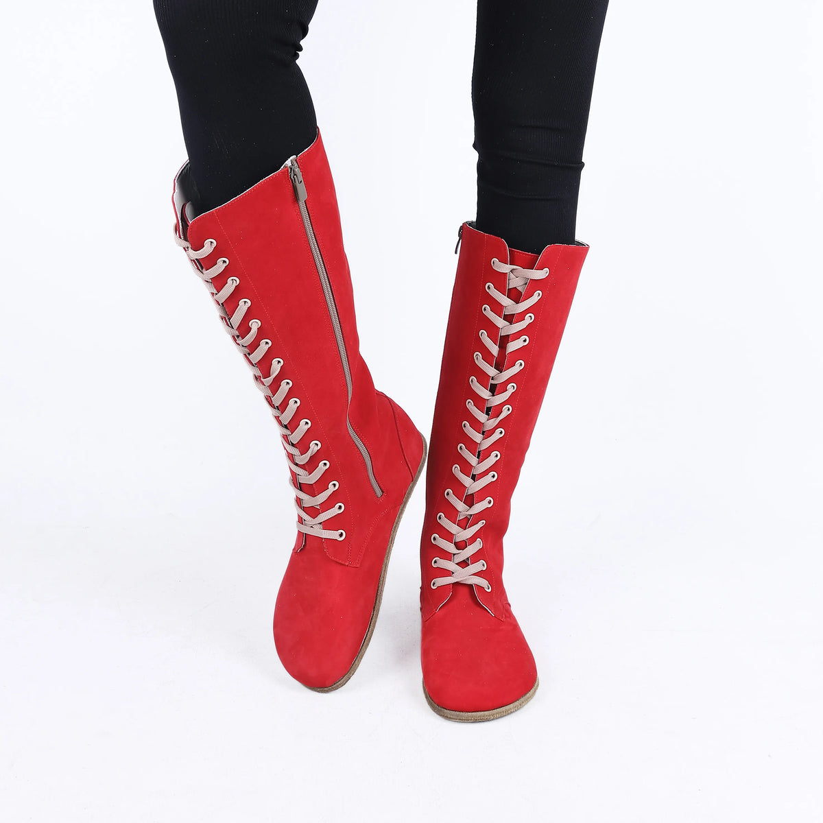 Nubuck Barefoot Laces Knee Boots Shoes – Classic Sole — Leather Sole – Red