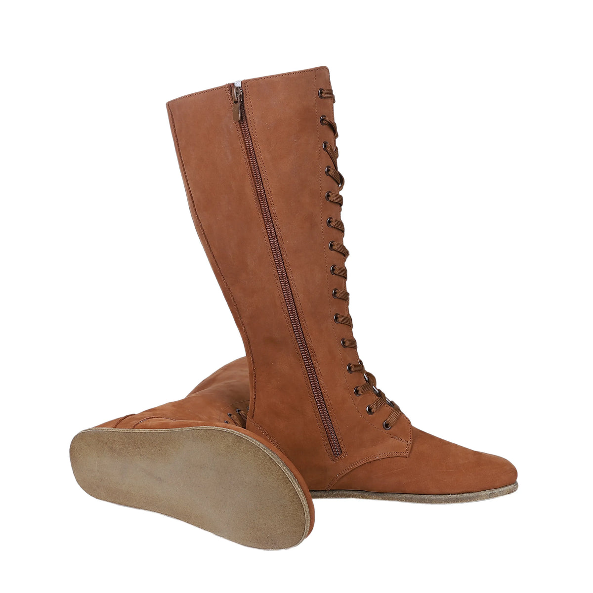 Nubuck Barefoot Laces Knee Boots Shoes – Classic Sole — Leather Sole – Tan