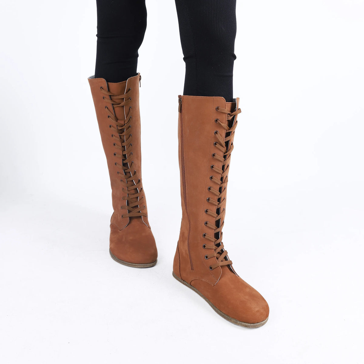 Nubuck Barefoot Laces Knee Boots Shoes – Classic Sole — Leather Sole – Tan