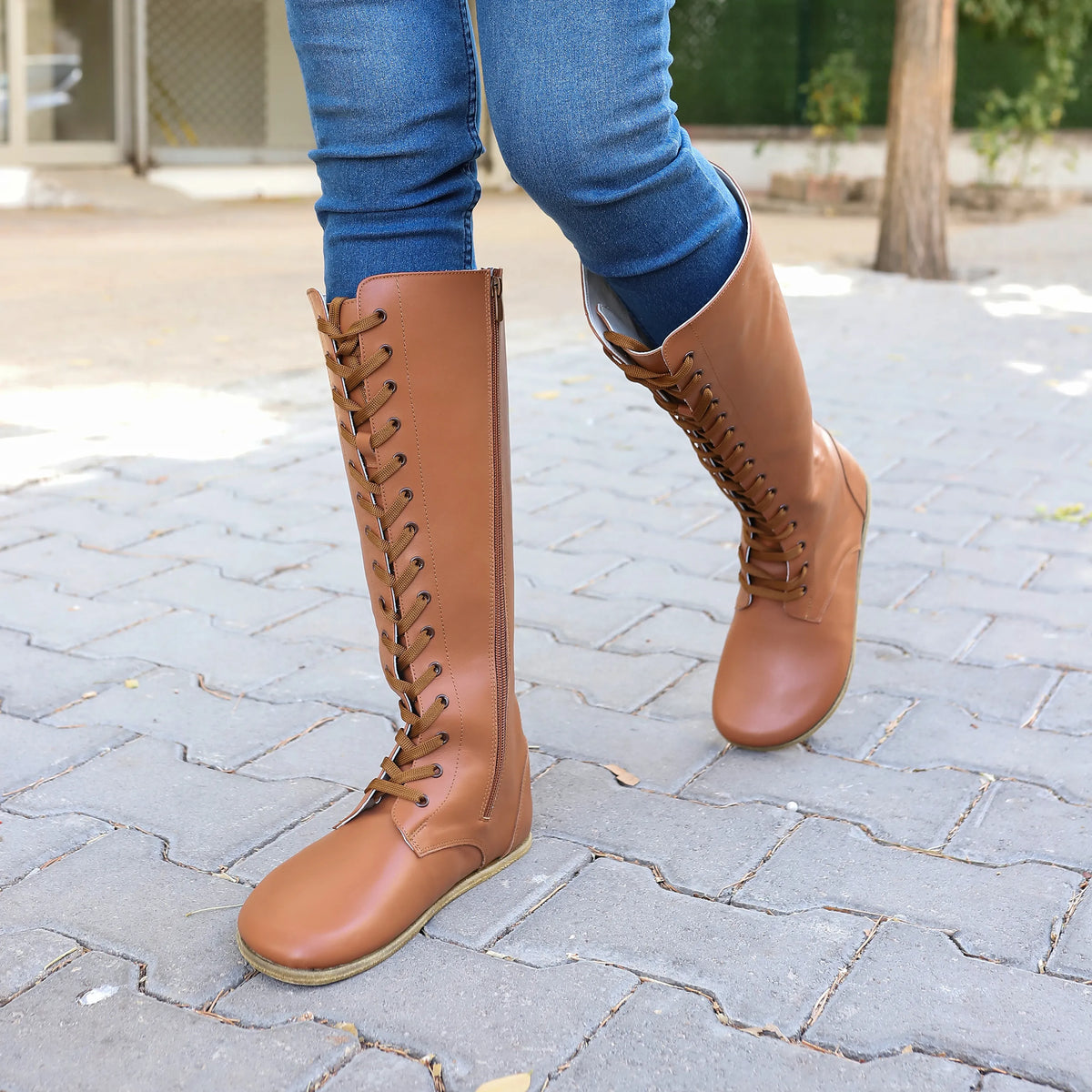 Smooth Barefoot Laces Knee Boots Shoes – Classic Sole — Leather Sole – Tan