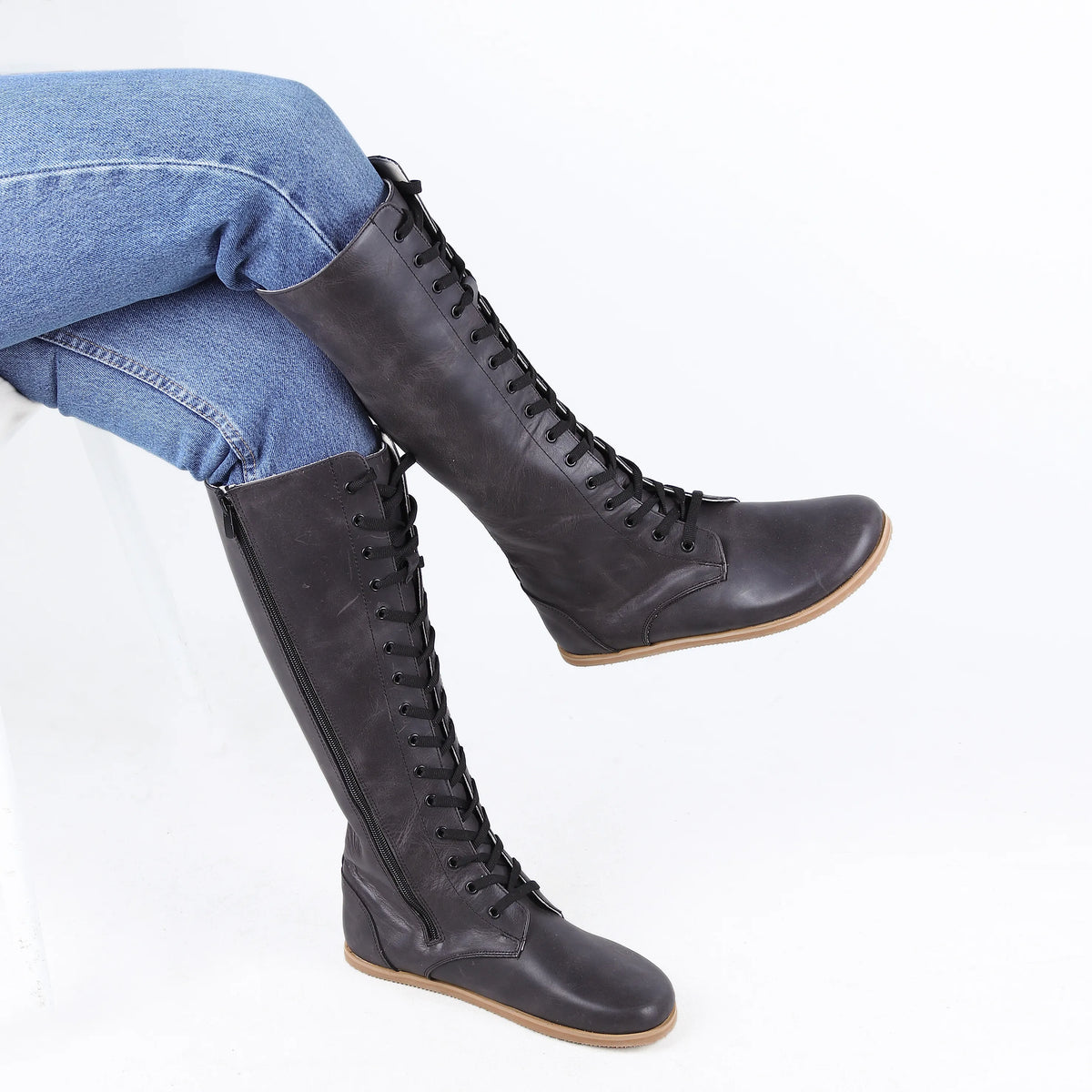Crazy Barefoot Lace Knee Boots  Shoes – Eva Outsole – Black