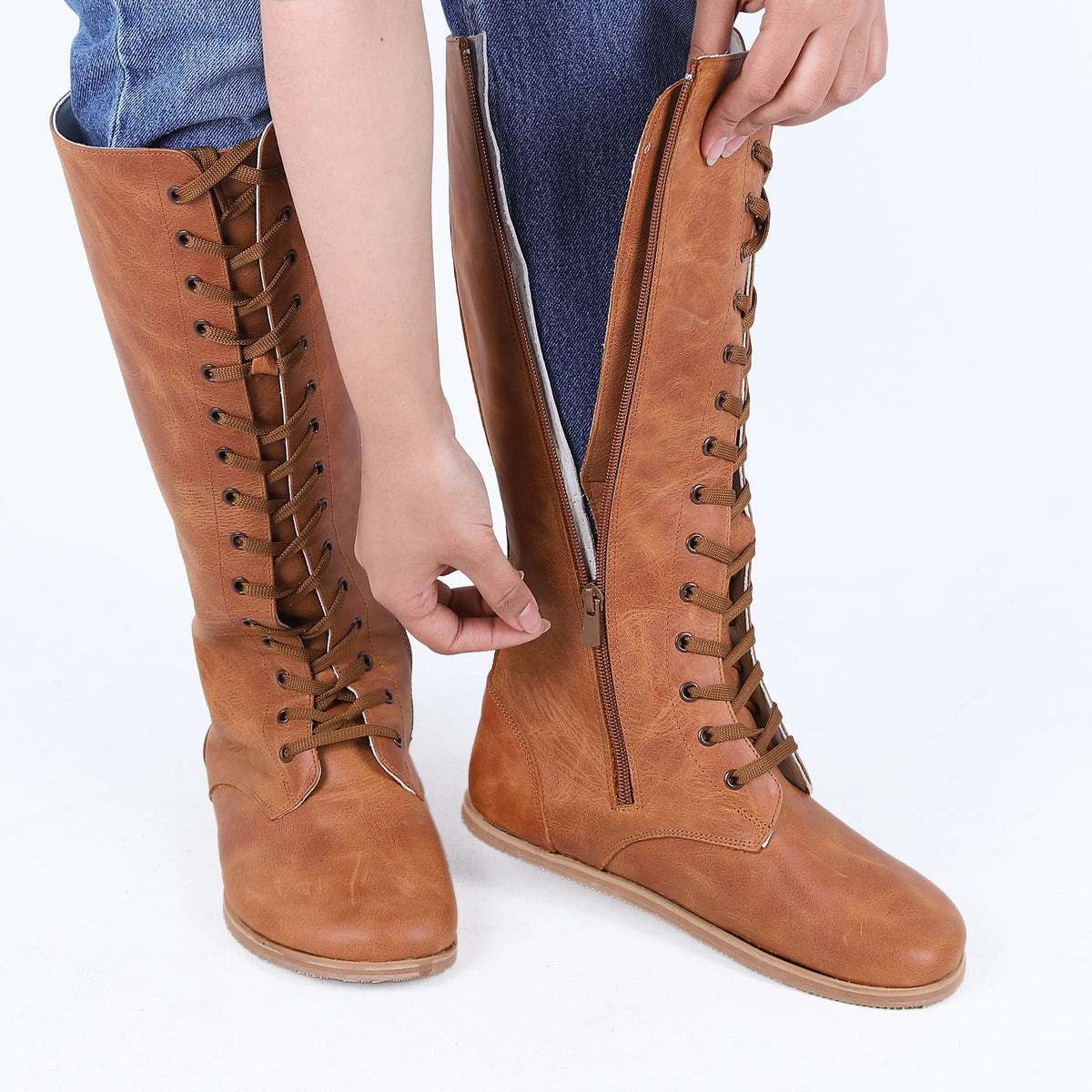 Crazy Barefoot Lace Knee Boots  Shoes – Eva Outsole – Honey Camel