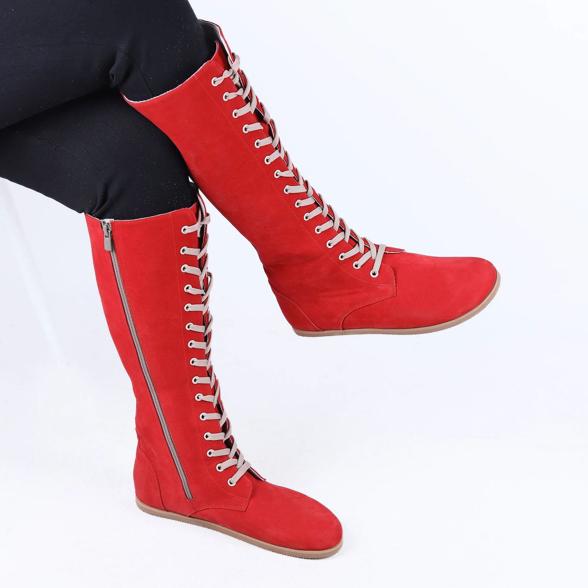 Nubuck Barefoot Laces Knee Boots Shoes – Eva Outsole – Red