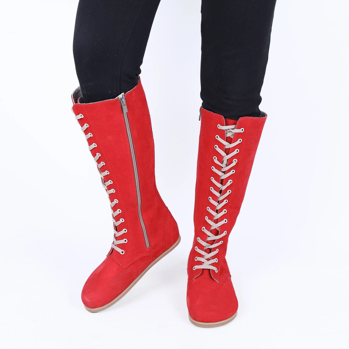 Nubuck Barefoot Laces Knee Boots Shoes – Eva Outsole – Red