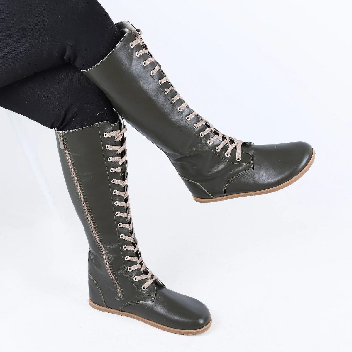 Smooth Barefoot Laces Knee Boots Shoes – Eva Outsole – Olive Green