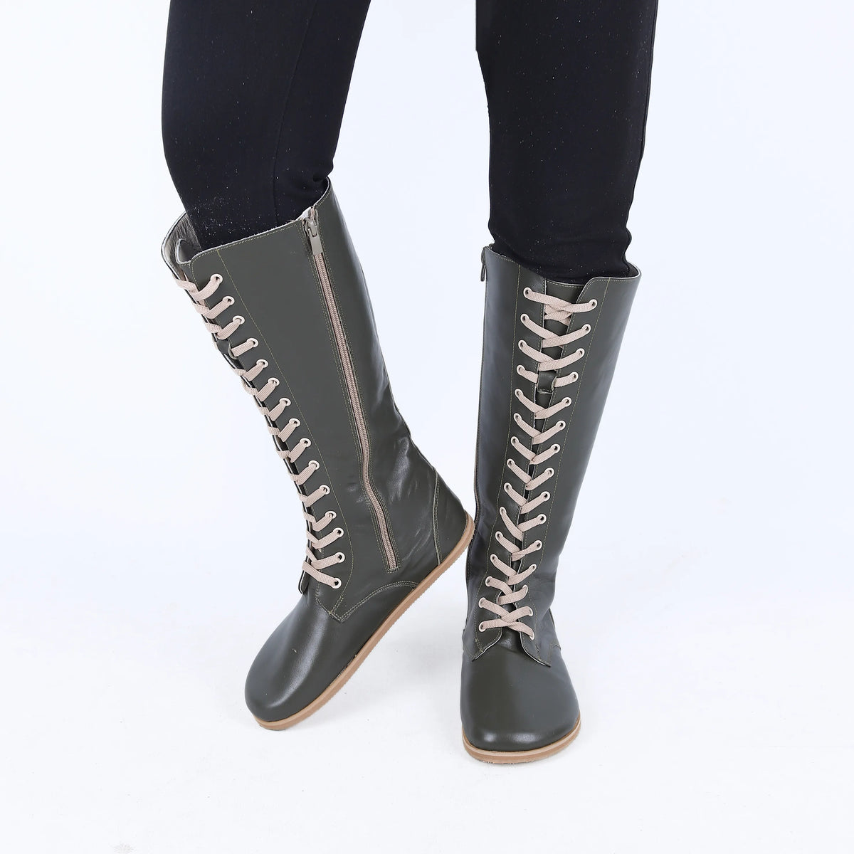 Smooth Barefoot Laces Knee Boots Shoes – Eva Outsole – Olive Green