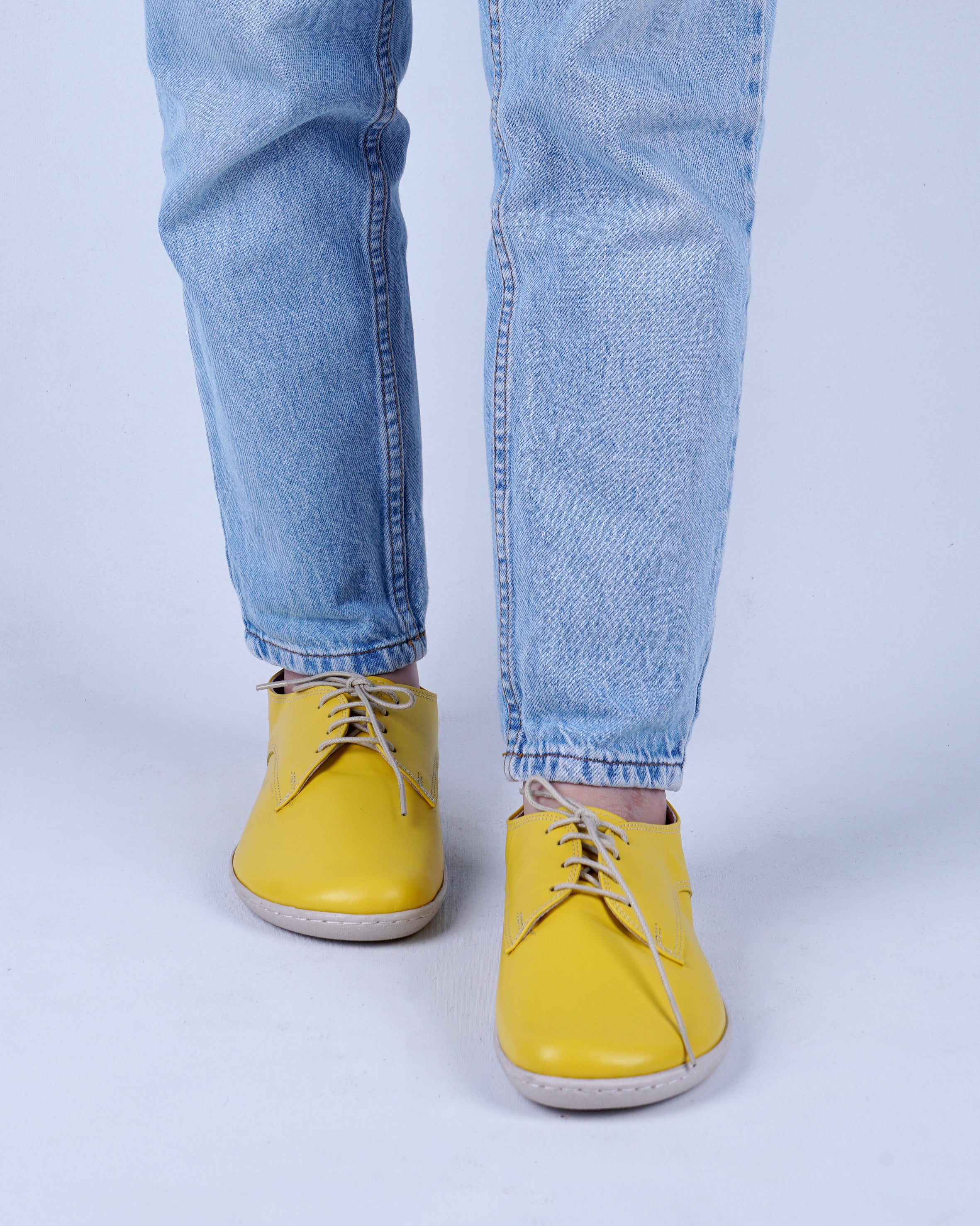 Yellow Oxford Wide Barefoot Shoes Smooth Leather Handmade 6mm Rubber Outsole