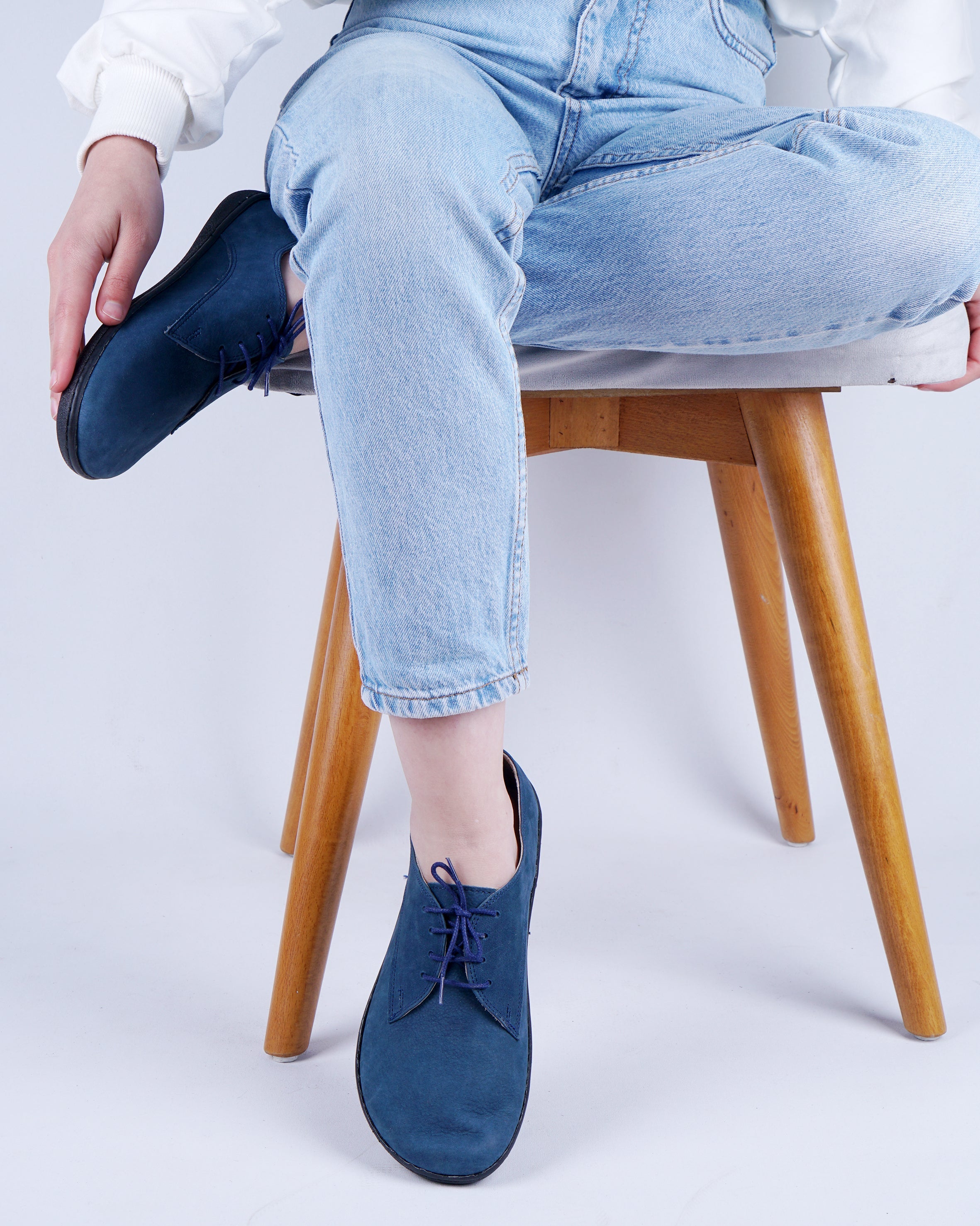 Jeans Oxford Wide Barefoot Shoes Nubuck Leather Handmade 6mm Rubber Outsole 