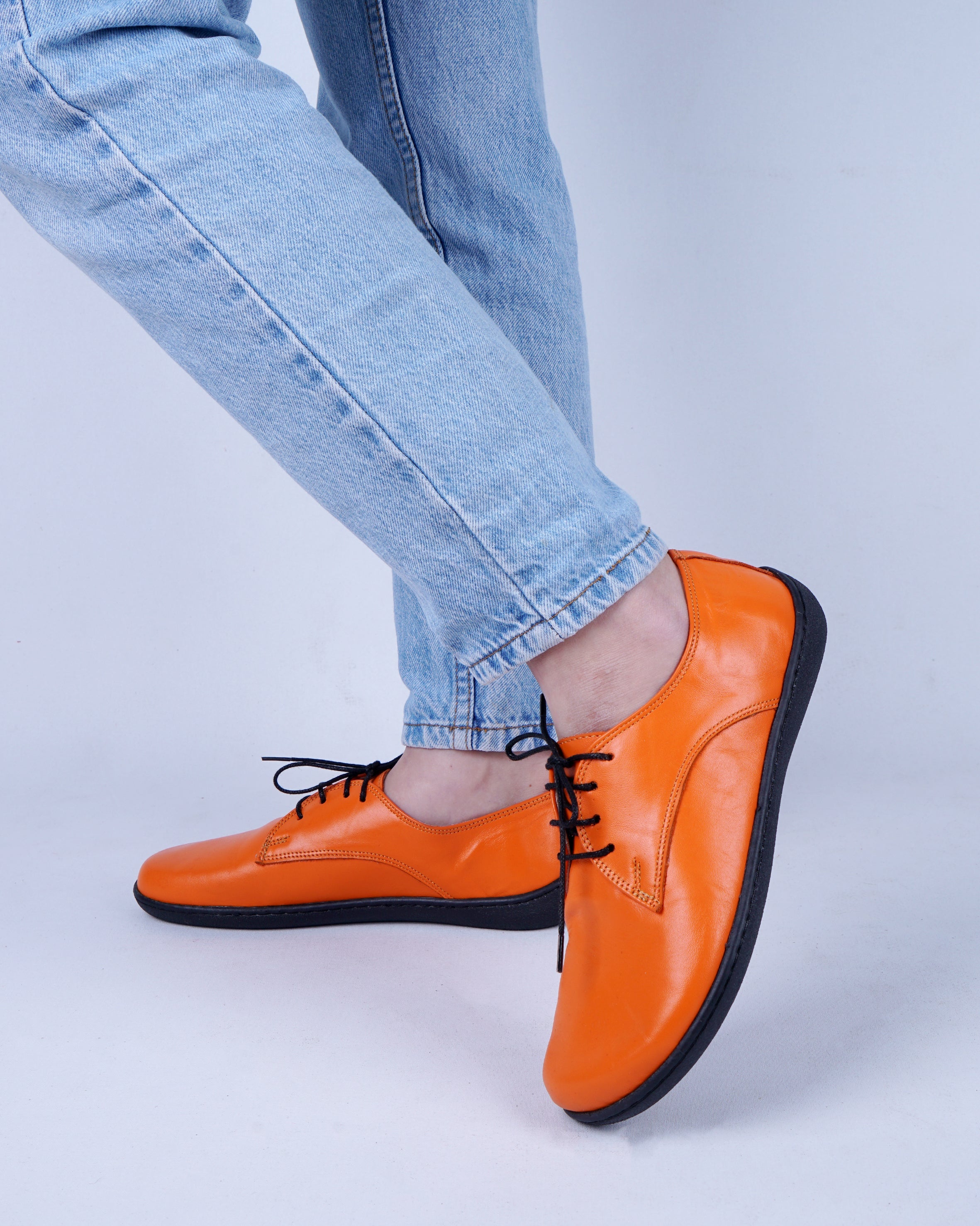 Orange Oxford Wide Barefoot Shoes Smooth Leather Handmade 6mm Rubber Outsole 