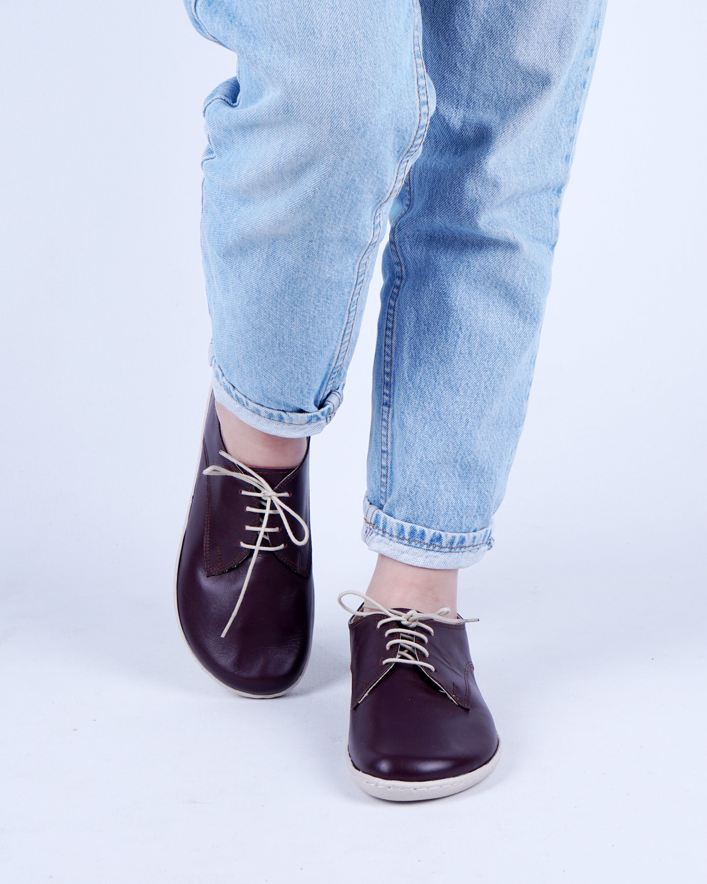 Burgundy Oxford Wide Barefoot Shoes Smooth Leather Handmade 6mm Rubber Outsole 