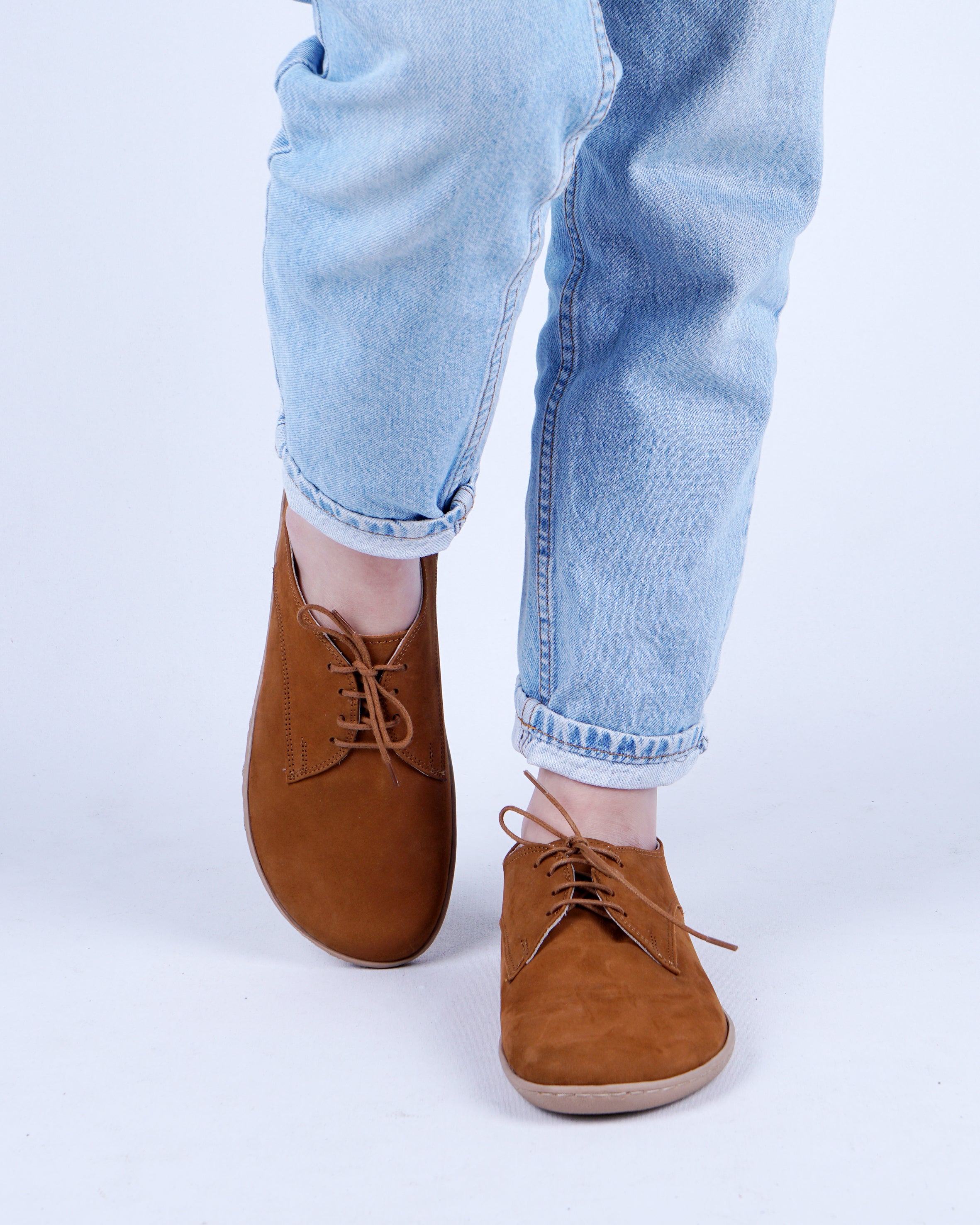 Tan Oxford Wide Barefoot Shoes Nubuck Leather Handmade 6mm Rubber Outsole