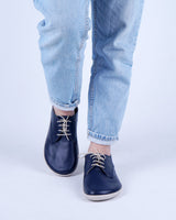 Navy Blue Oxford Wide Barefoot Shoes Smooth Leather Handmade 6mm Rubber Outsole 