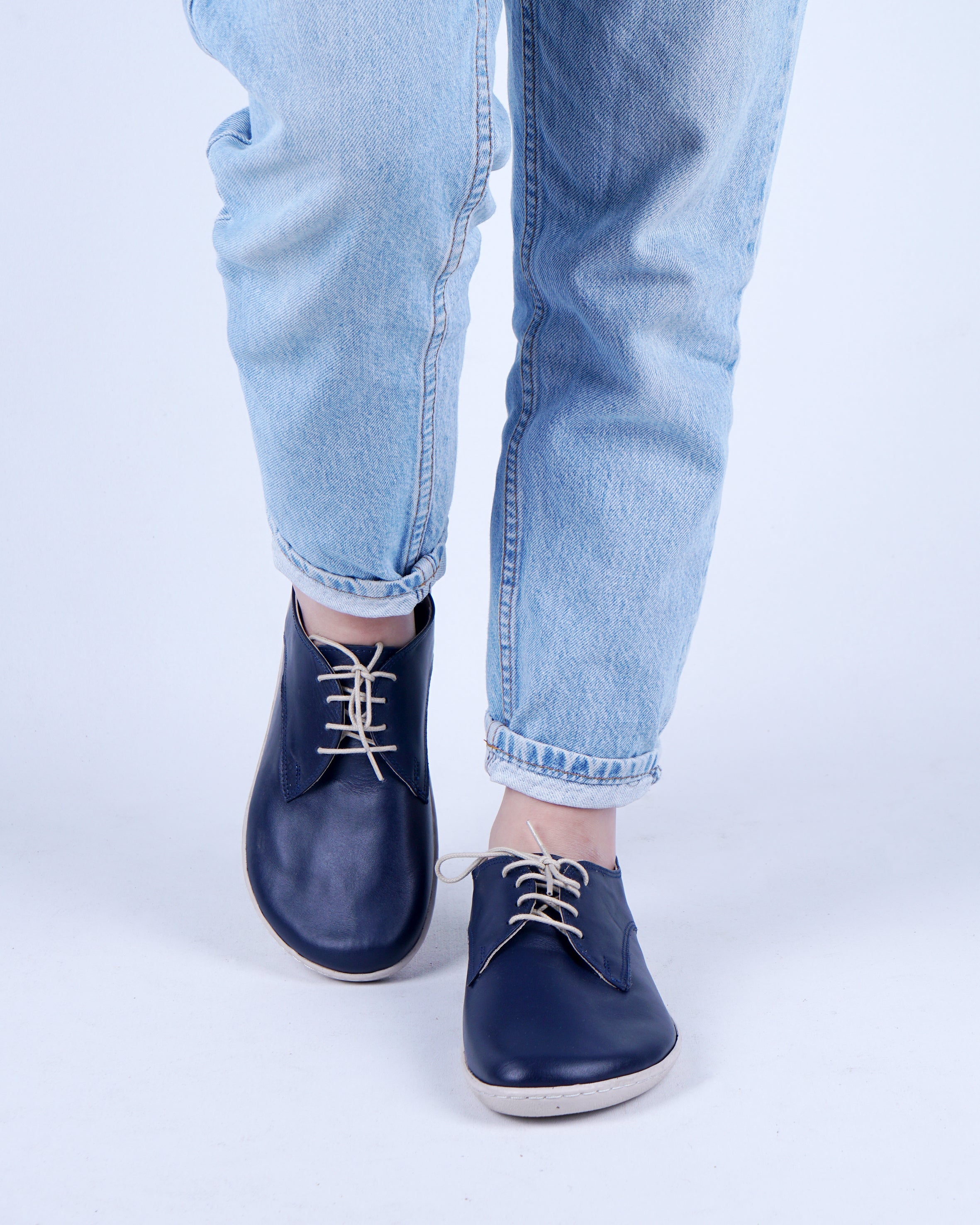 Navy Blue Oxford Wide Barefoot Shoes Smooth Leather Handmade 6mm Rubber Outsole 