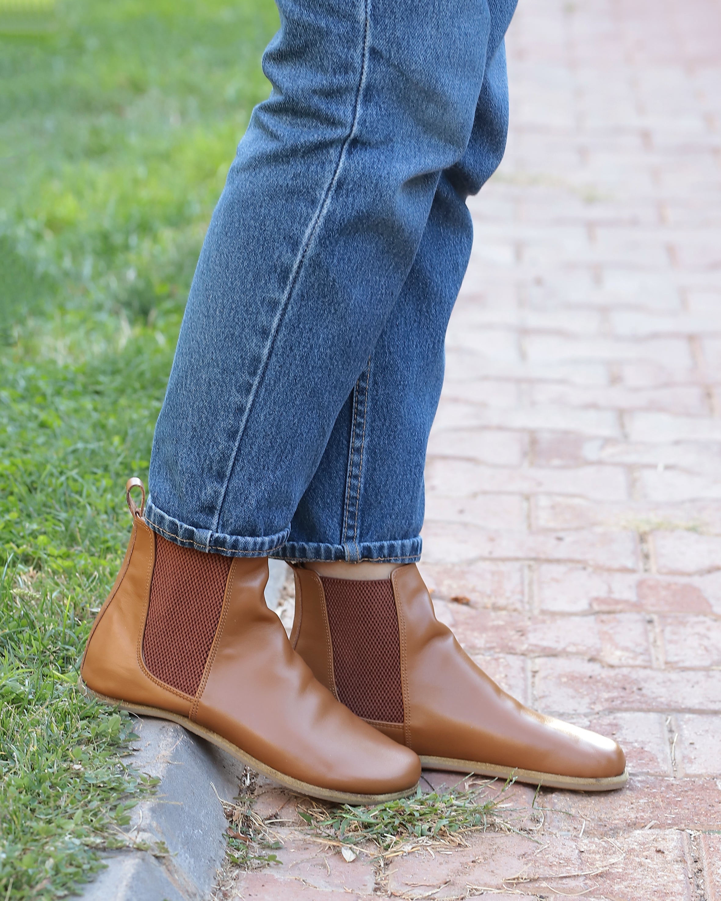 Tan Chelsea Boots Wide Barefoot Smooth Leather Handmade Shoes 
