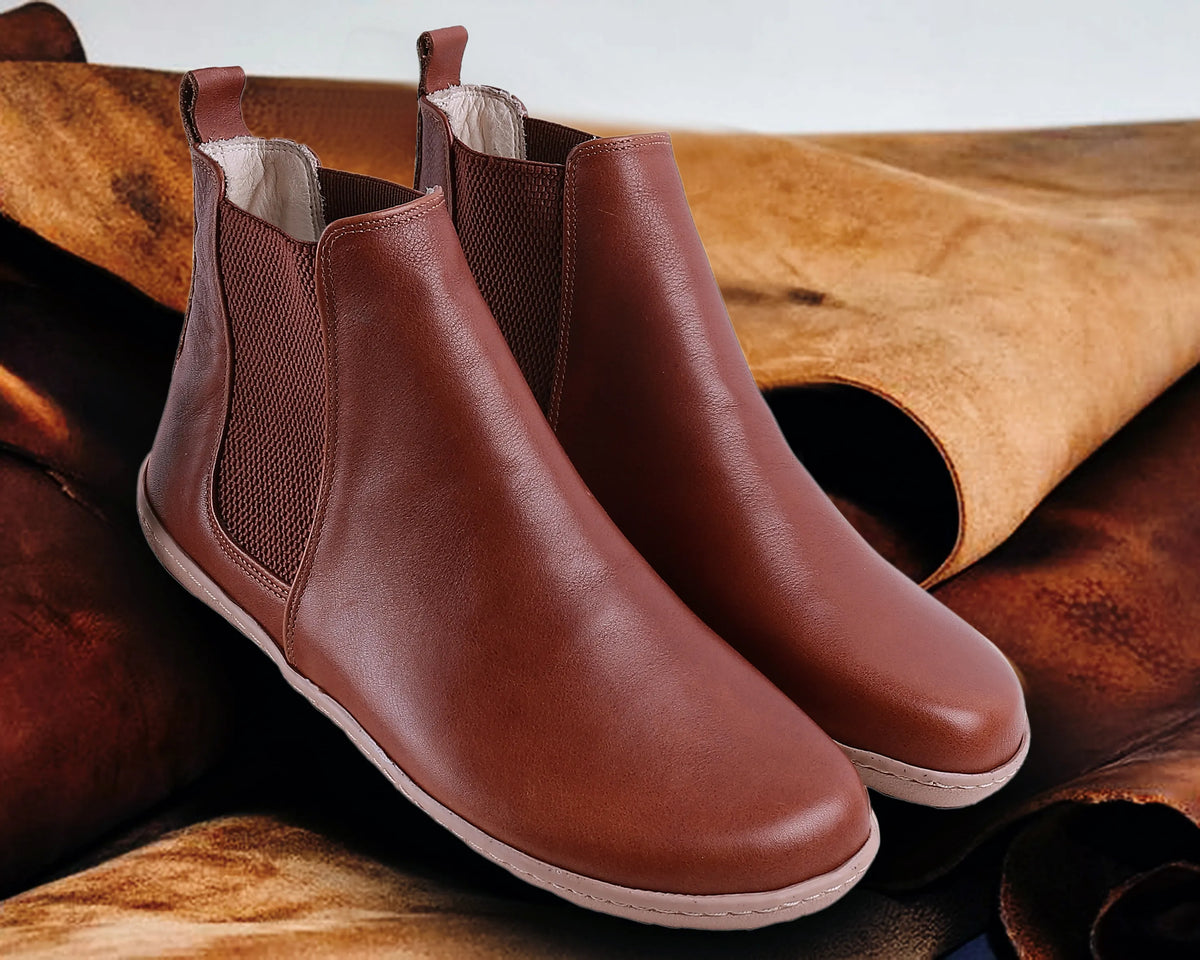 Smooth Barefoot Chelsea Boots Shoes – 6mm Rubber Sole – Brown