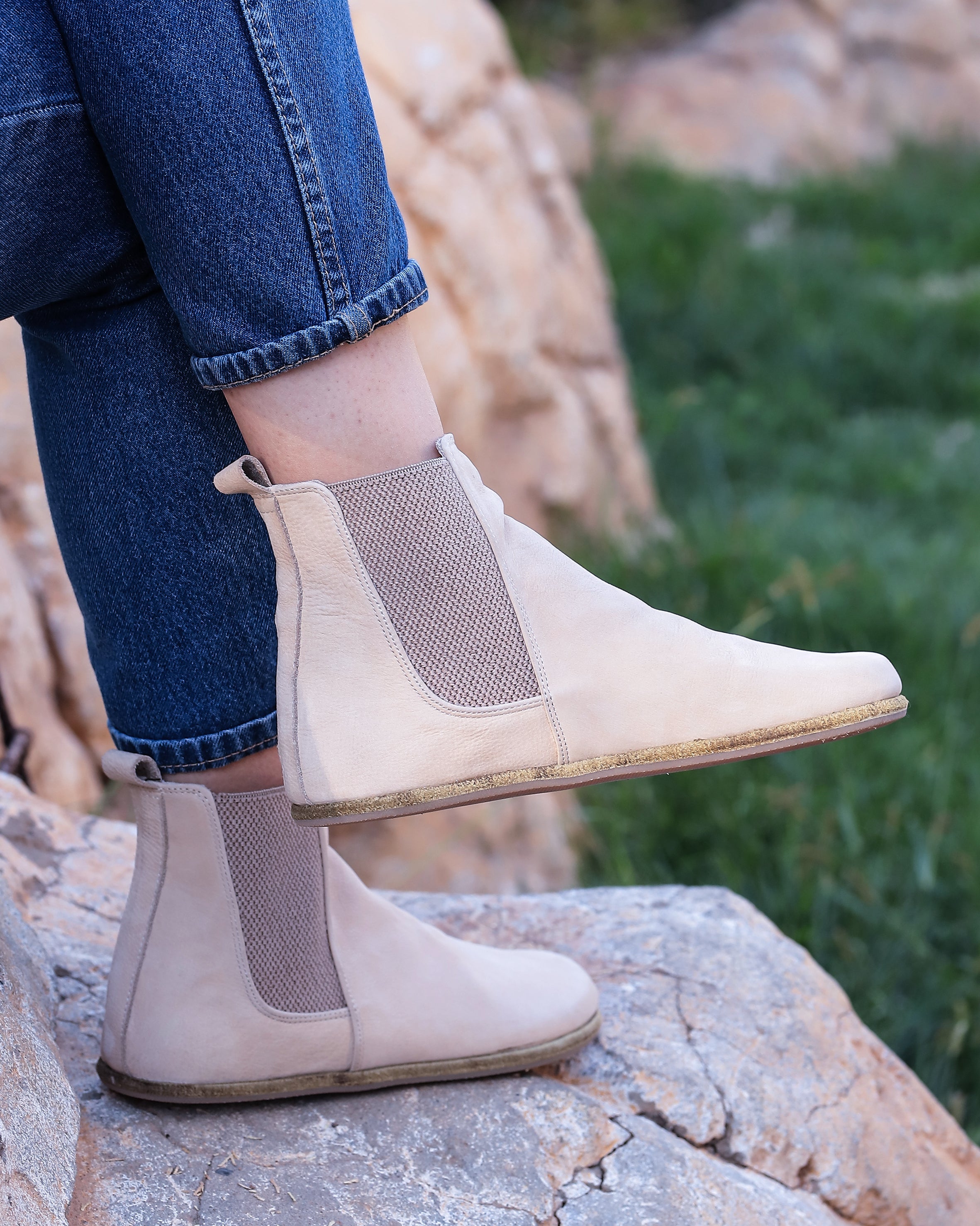 Cream Chelsea Boots Wide Barefoot Nubuck Leather Handmade Shoes 
