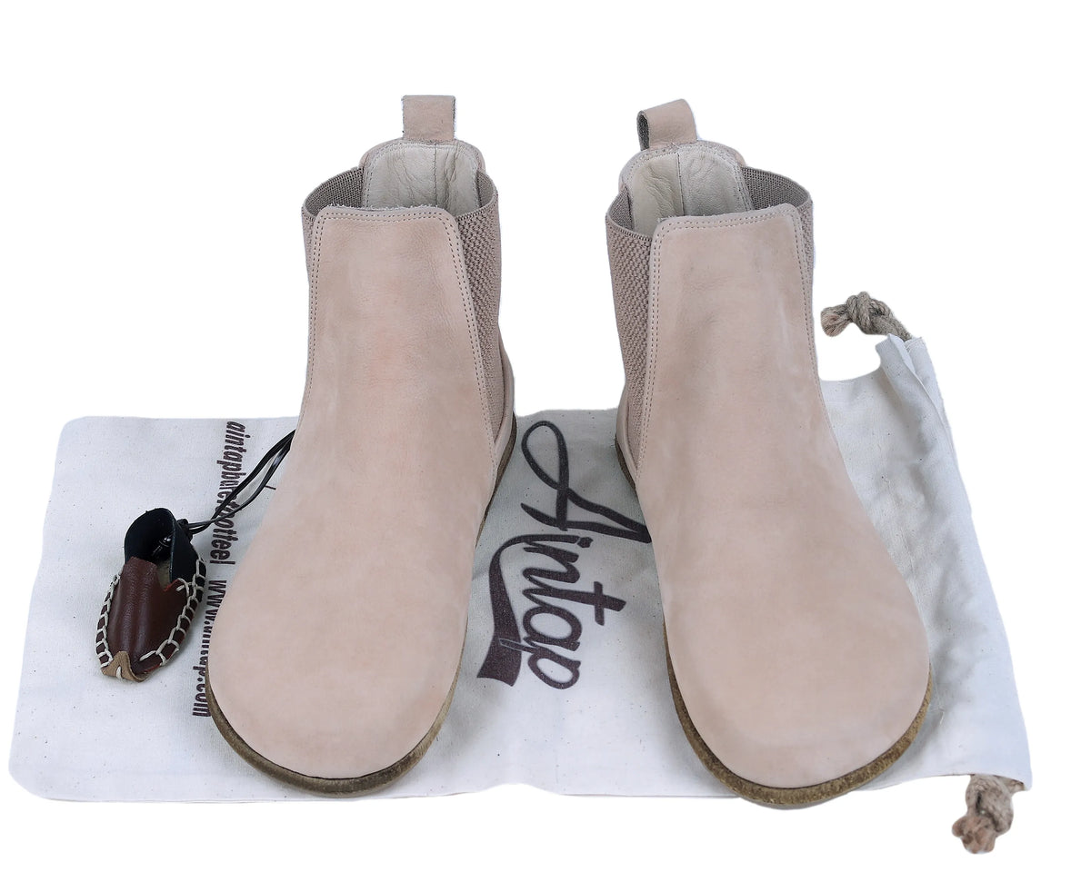 Nubuck Barefoot Chelsea Boots Shoes – Classic Sole — Leather Sole – Cream