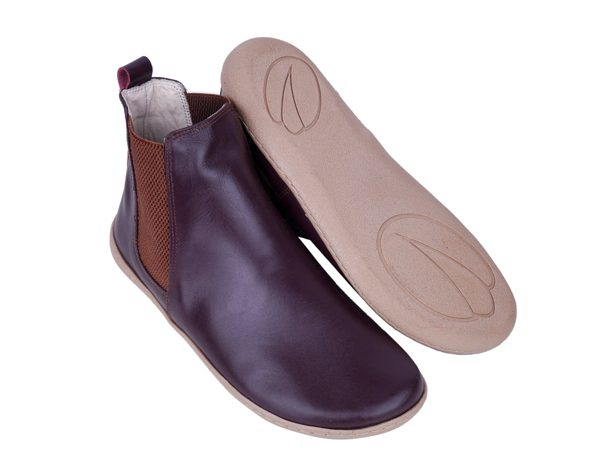 Smooth Barefoot Chelsea Boots Shoes – 6mm Rubber Sole – Burgundy