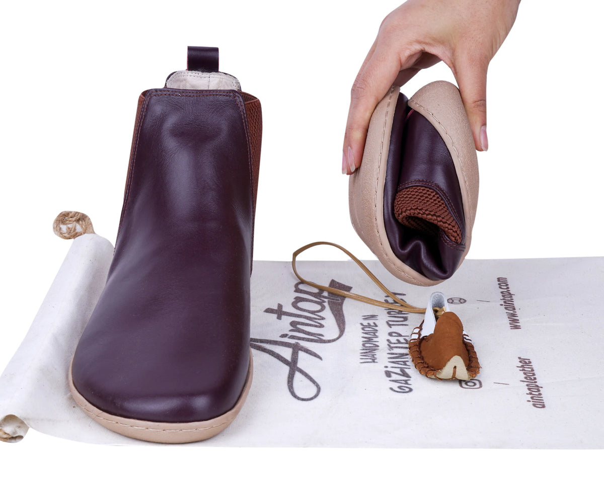 Smooth Barefoot Chelsea Boots Shoes – 6mm Rubber Sole – Burgundy