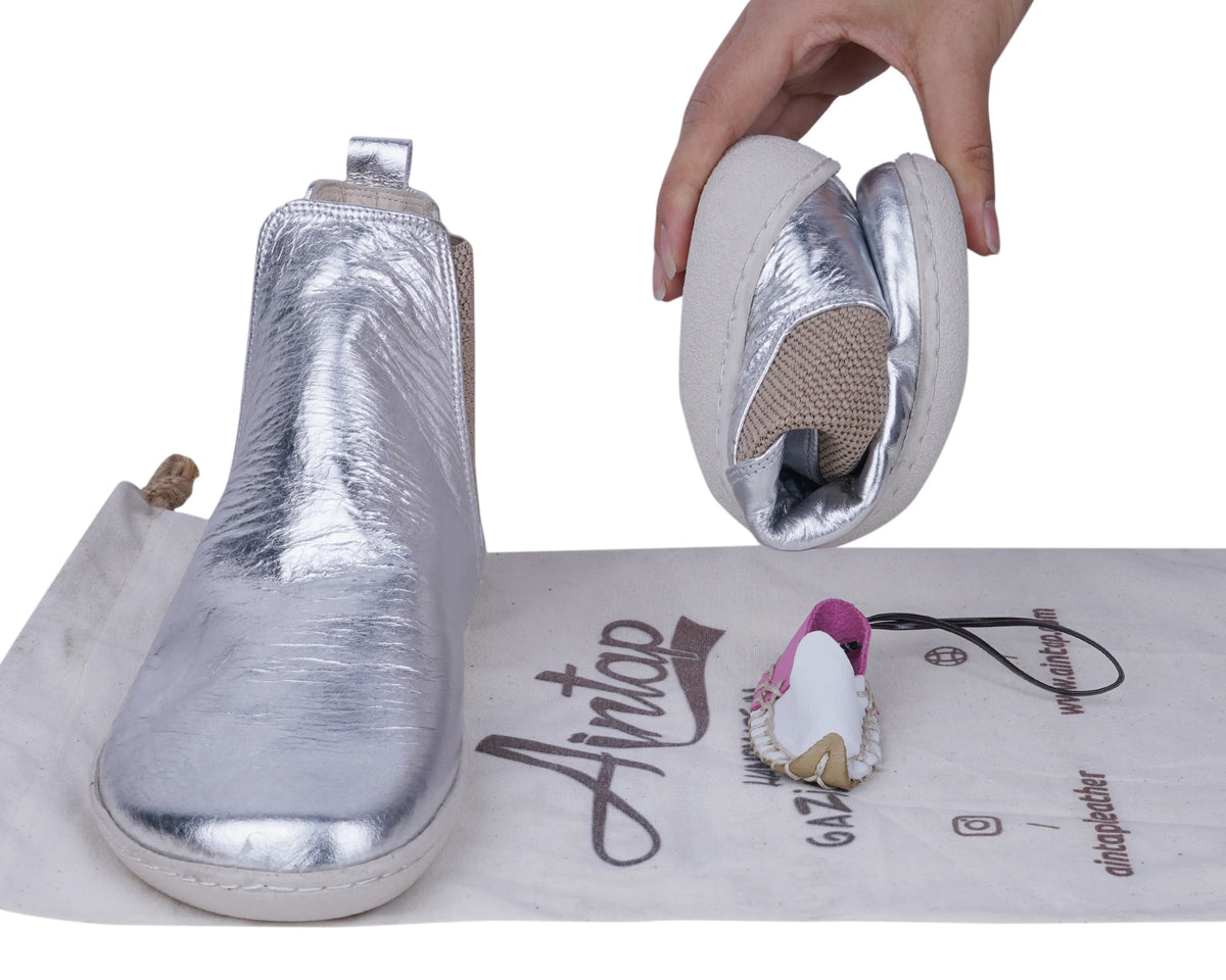 Bright Barefoot Chelsea Boots Shoes – 6mm Rubber Sole – Silver