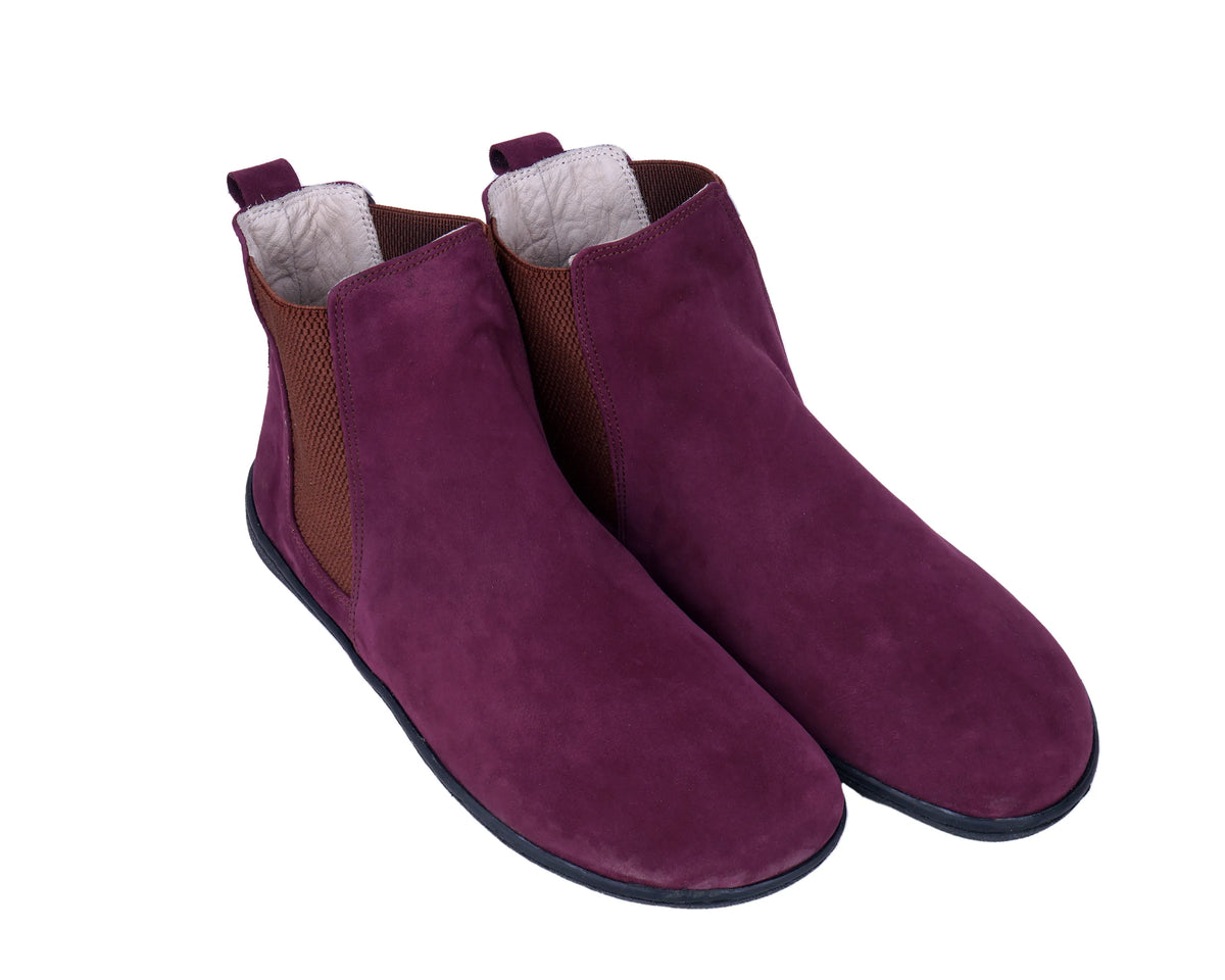 Nubuck Barefoot Chelsea Boots Shoes – 6mm Rubber Sole – Burgundy