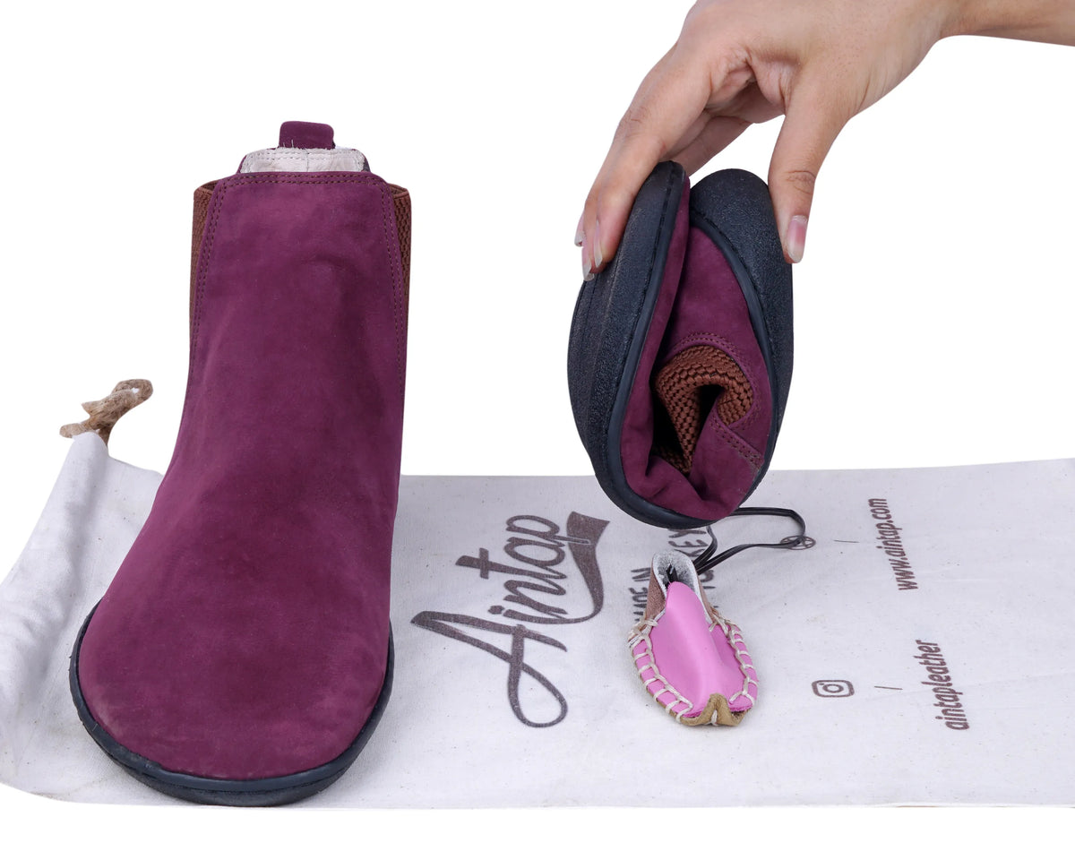 Nubuck Barefoot Chelsea Boots Shoes – 6mm Rubber Sole – Burgundy
