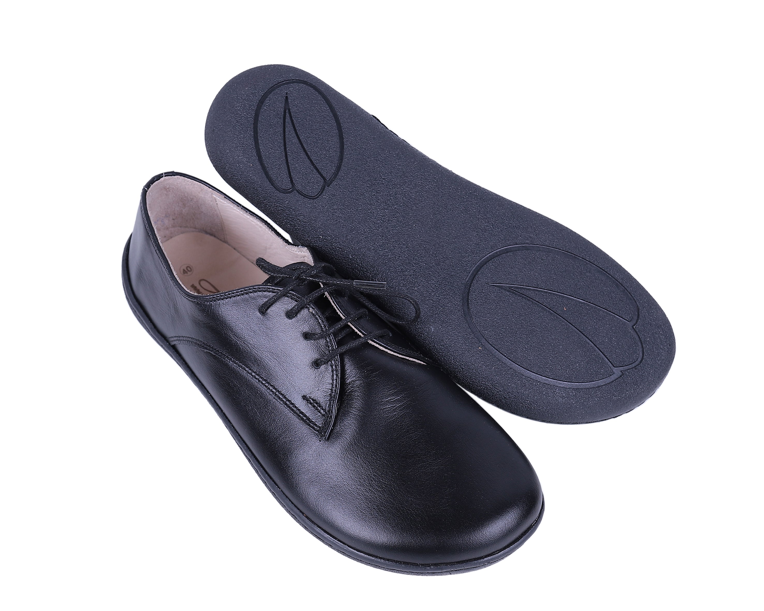 Black Oxford Wide Barefoot Shoes Smooth Leather Handmade 6mm Rubber Outsole