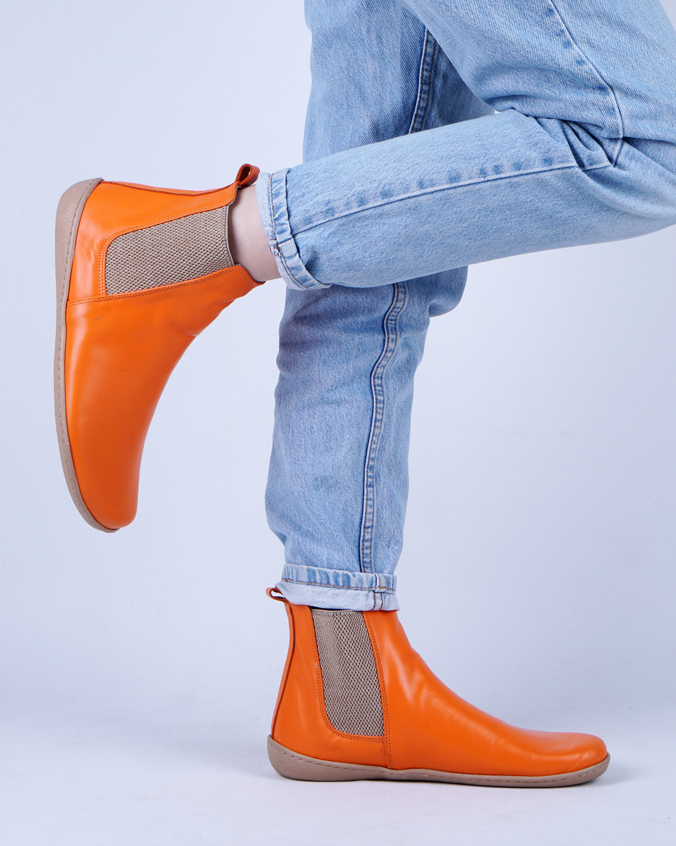 Orange Chelsea Boots Wide Barefoot Shoes Smooth Leather Handmade 6mm Rubber Outsole