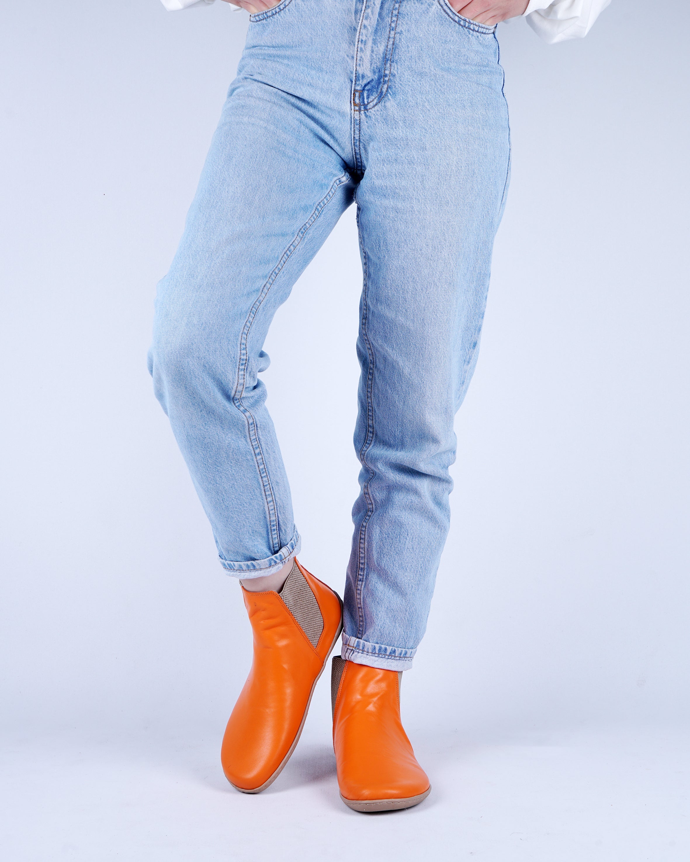 Orange Chelsea Boots Wide Barefoot Shoes Smooth Leather Handmade 6mm Rubber Outsole 