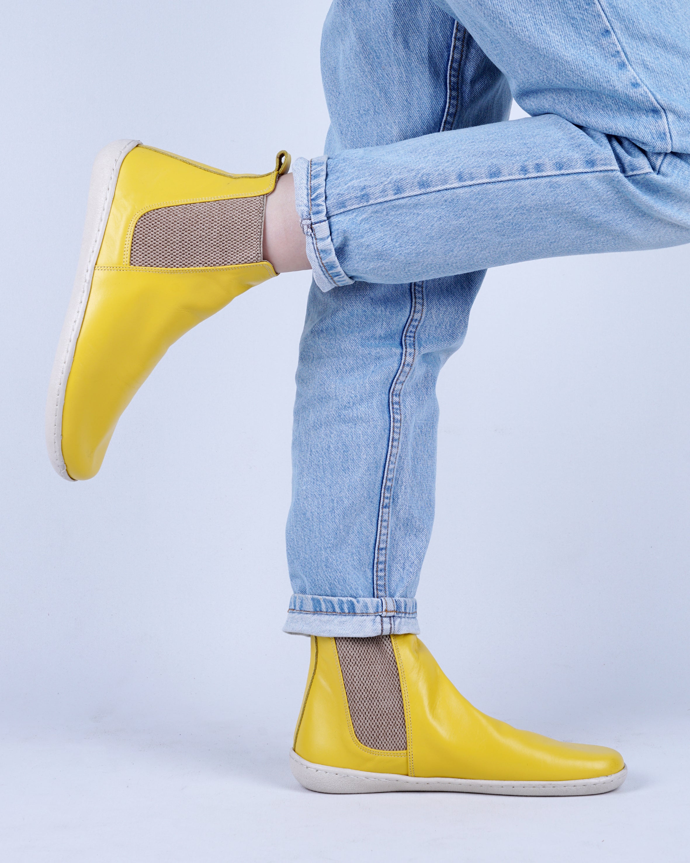 Yellow Chelsea Boots Wide Barefoot Shoes Smooth Leather Handmade 6mm Rubber Outsole