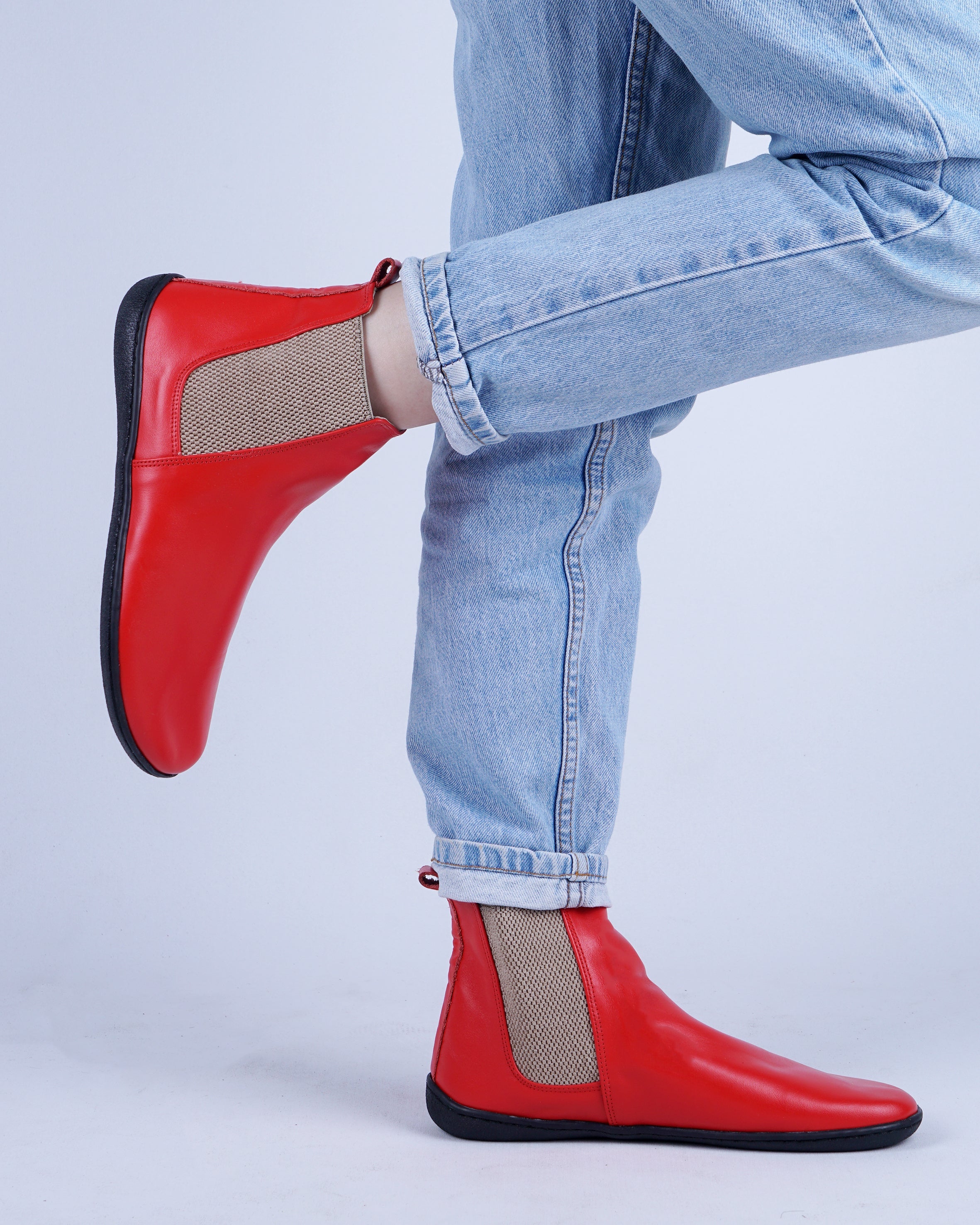 Red Chelsea Boots Wide Barefoot Shoes Smooth Leather Handmade 6mm Rubber Outsole 
