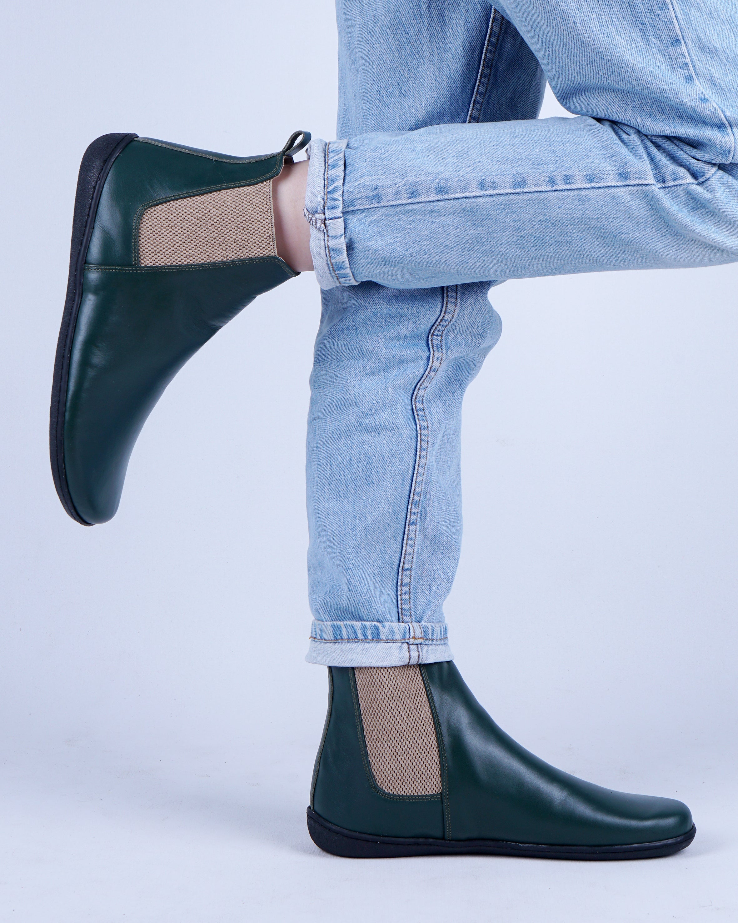 Green Chelsea Boots Wide Barefoot Shoes Smooth Leather Handmade 6mm Rubber Outsole 