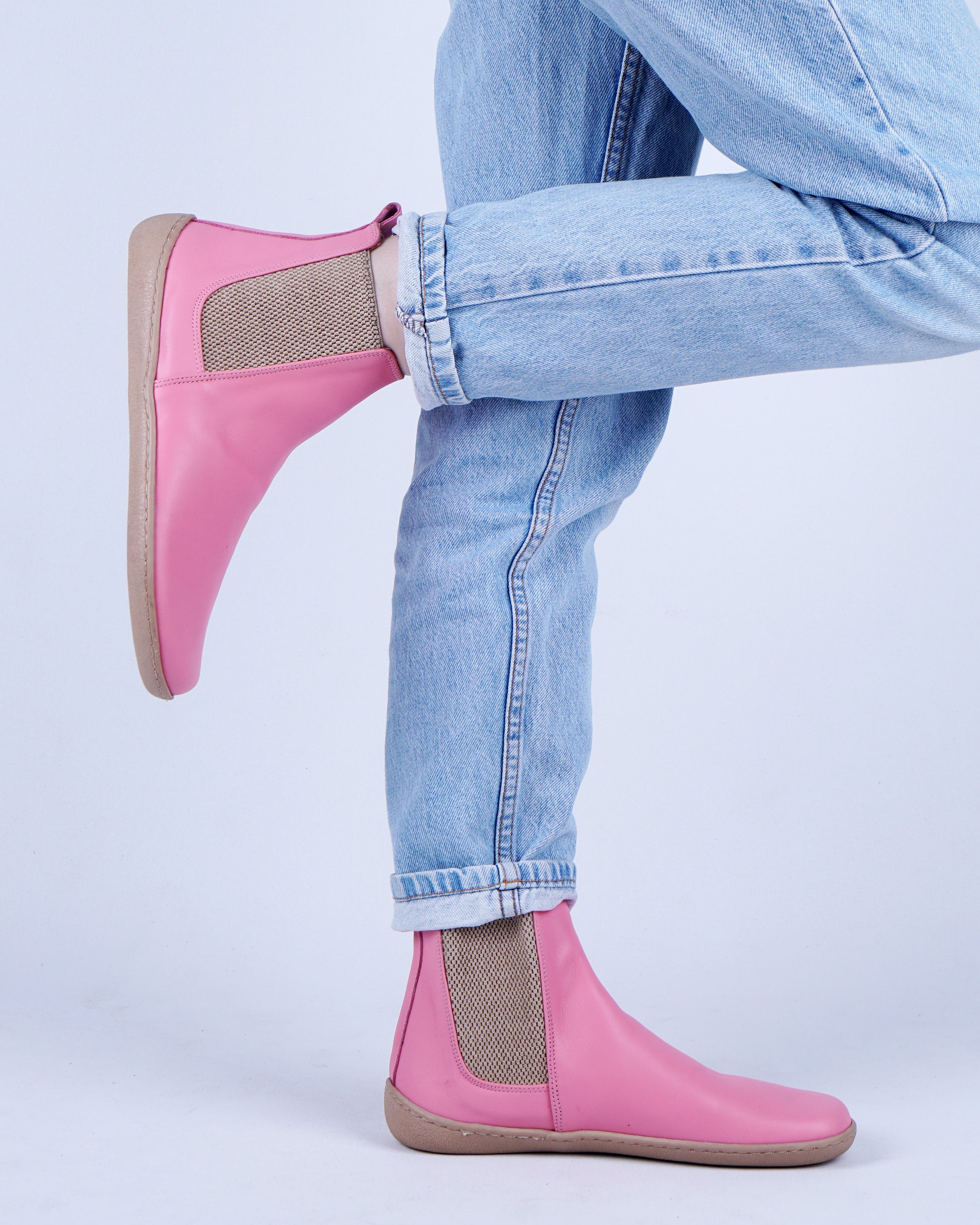 Pink Chelsea Boots Wide Barefoot Shoes Smooth Leather Handmade 6mm Rubber Outsole 