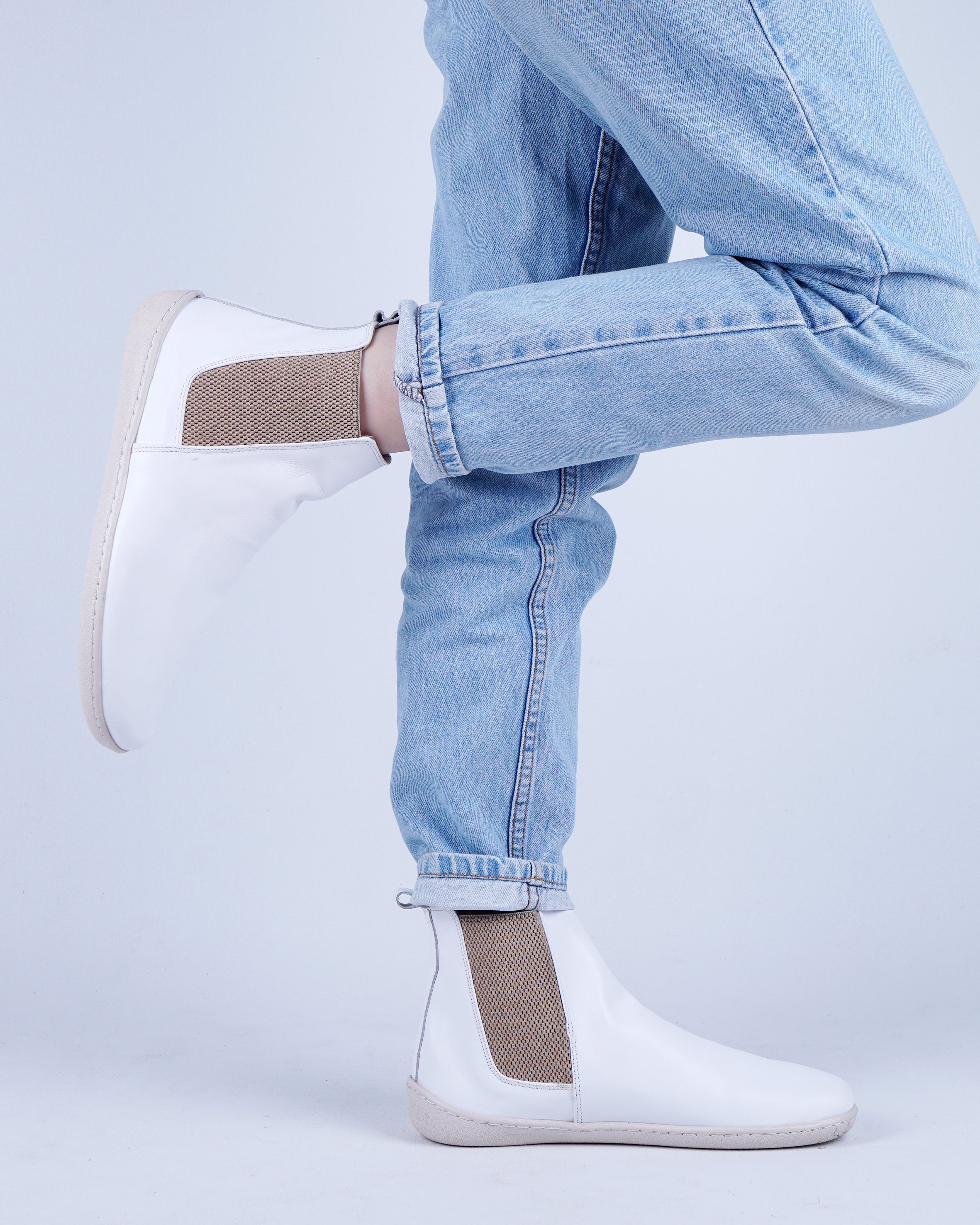 White Chelsea Boots Wide Barefoot Shoes Smooth Leather Handmade 6mm Rubber Outsole 