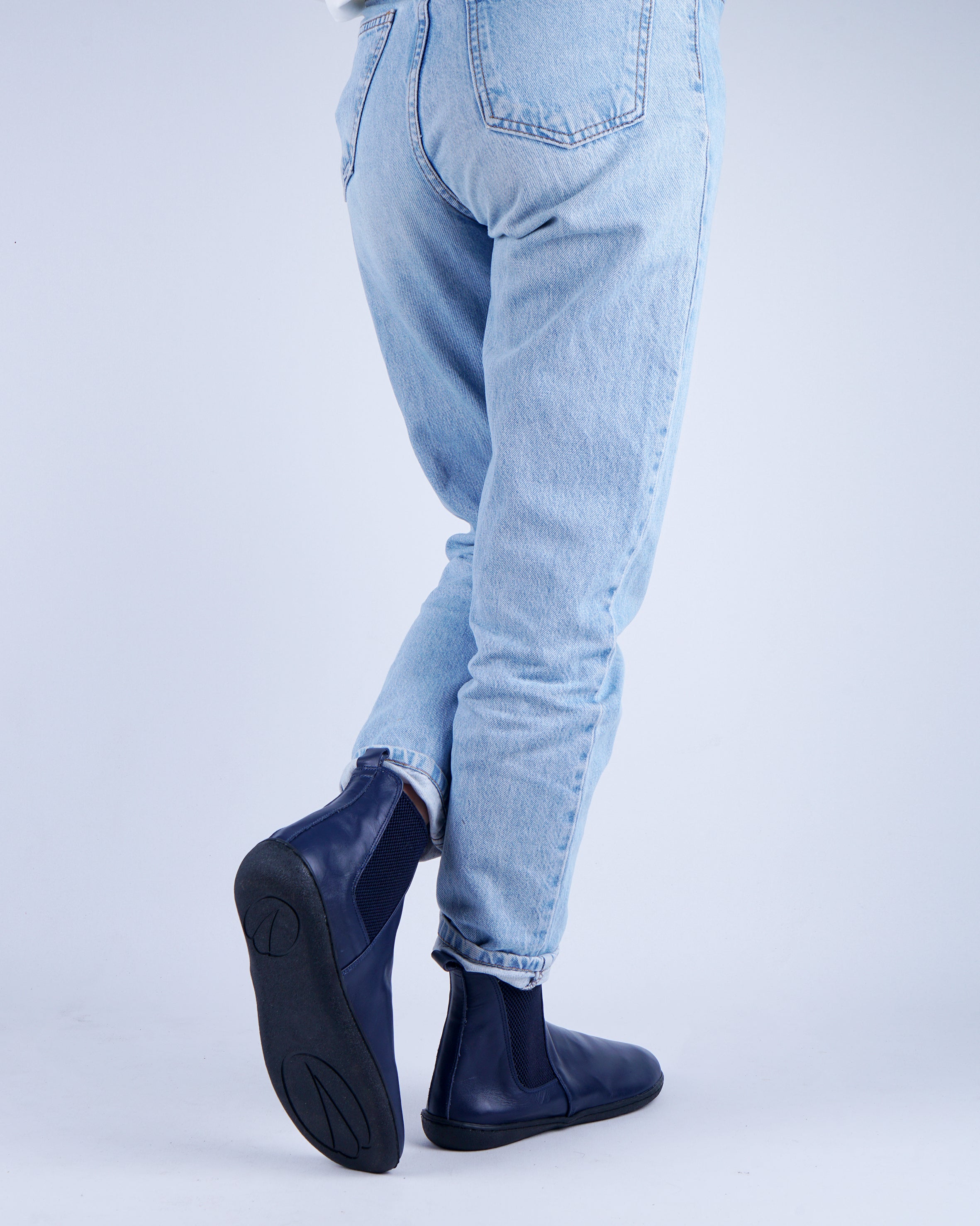 Navy Blue Chelsea Boots Wide Barefoot Shoes Smooth Leather Handmade 6mm Rubber Outsole 