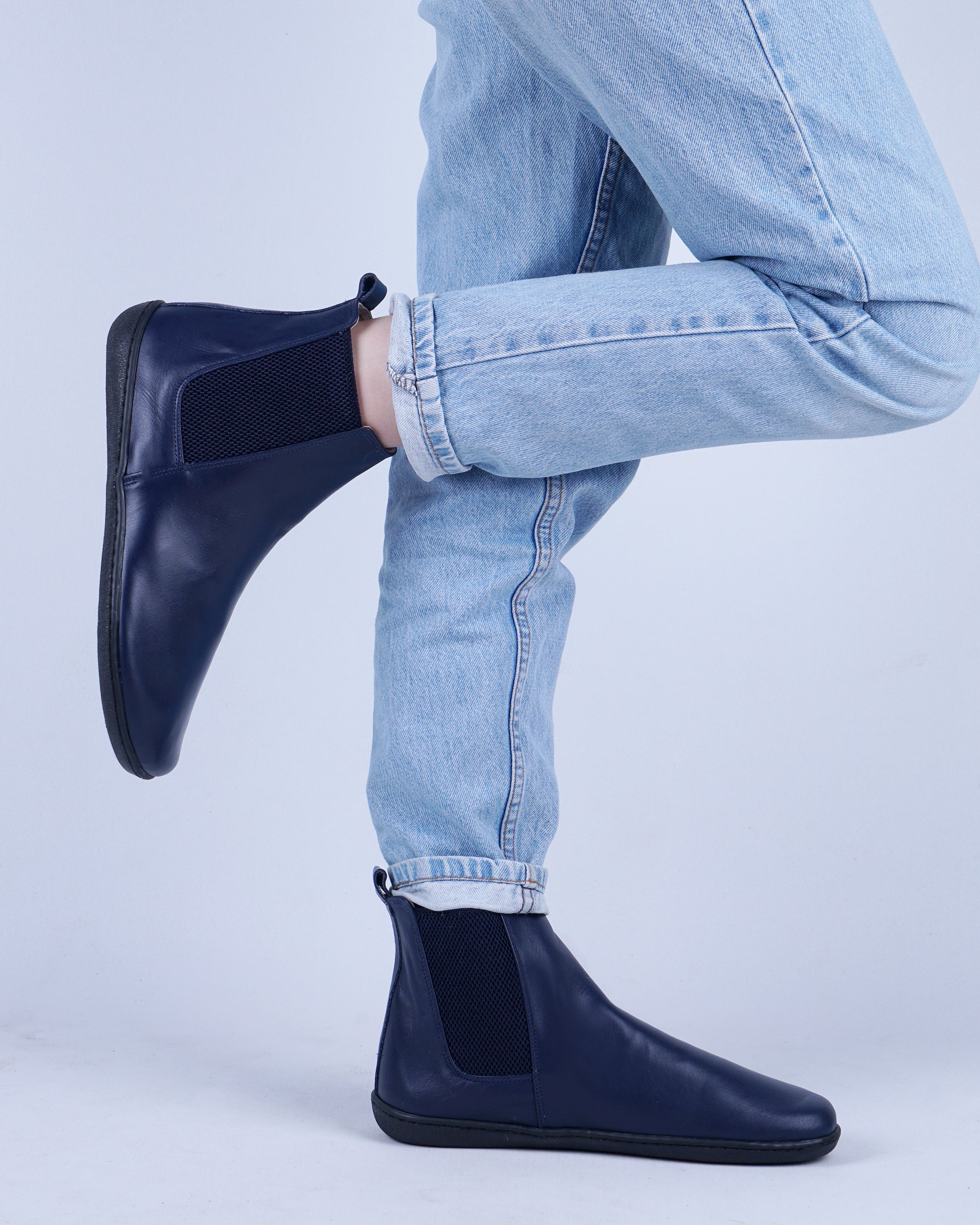 Navy Blue Chelsea Boots Wide Barefoot Shoes Smooth Leather Handmade 6mm Rubber Outsole 